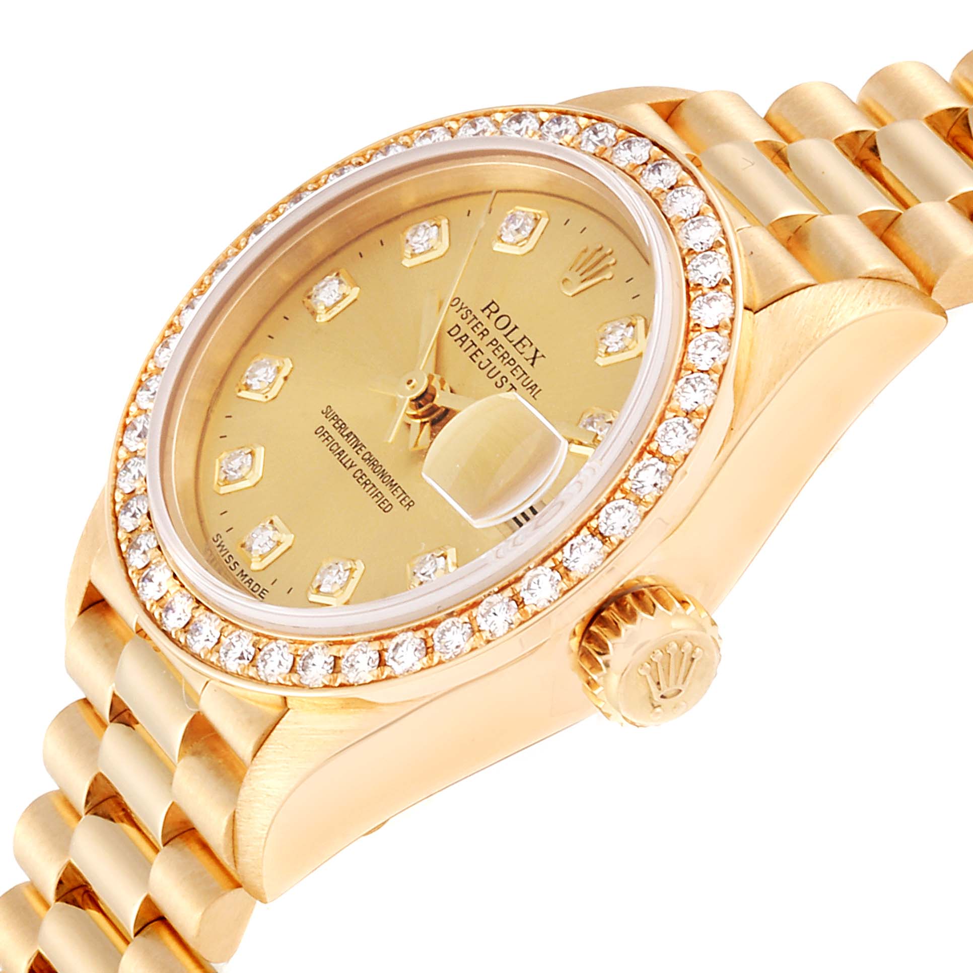 The image shows a Rolex President 79178 Women
s Yellow Gold Champagne Dial 79178 Women
s Yellow Gold Champagne Dial model watch at an angle, highlighting its gold bracelet, diamond-encrusted bezel, and dial details.