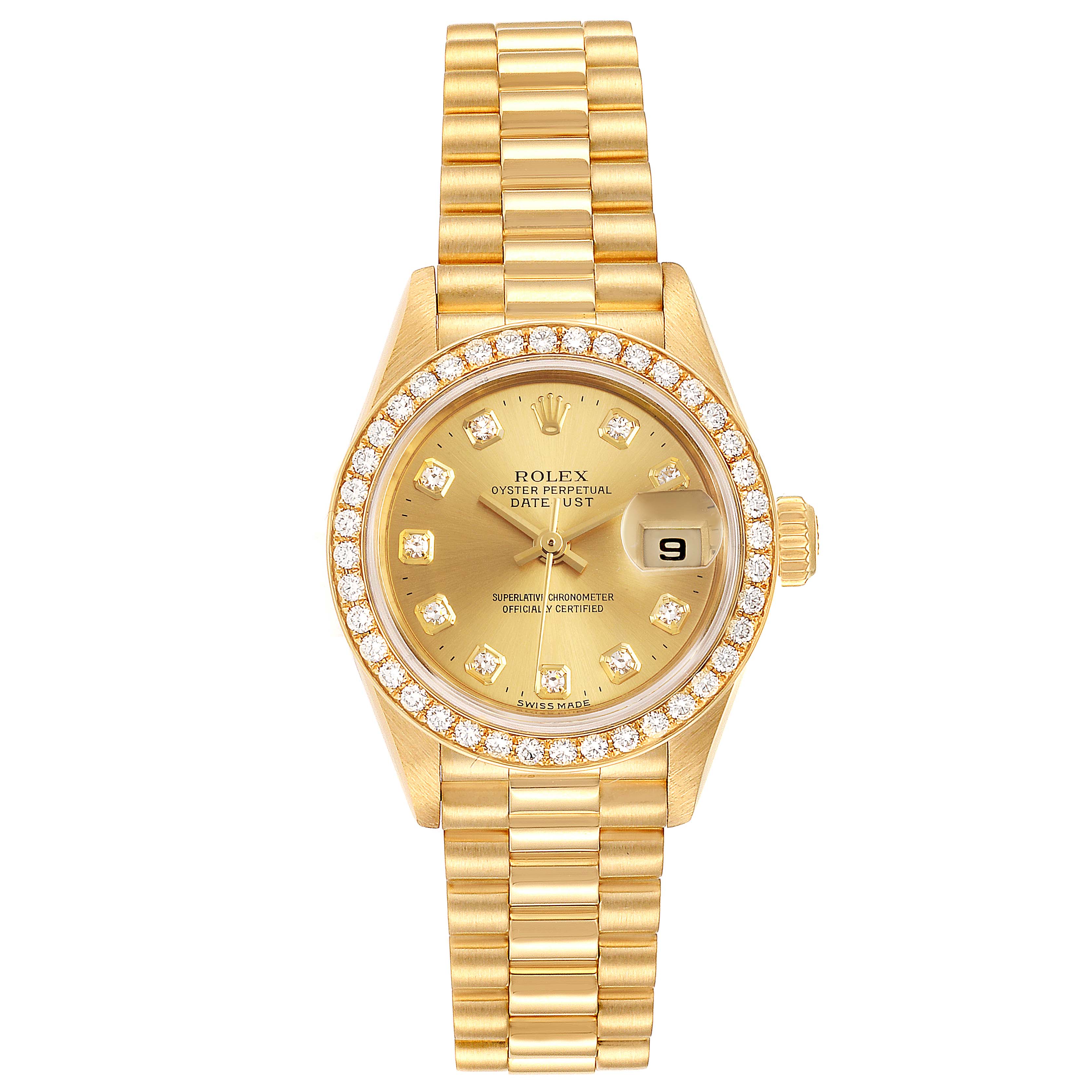 This image shows a front view of the Rolex President 79178 Women
s Yellow Gold Champagne Dial 79178 Women
s Yellow Gold Champagne Dial model watch, highlighting its gold bracelet, diamond bezel, and date window.