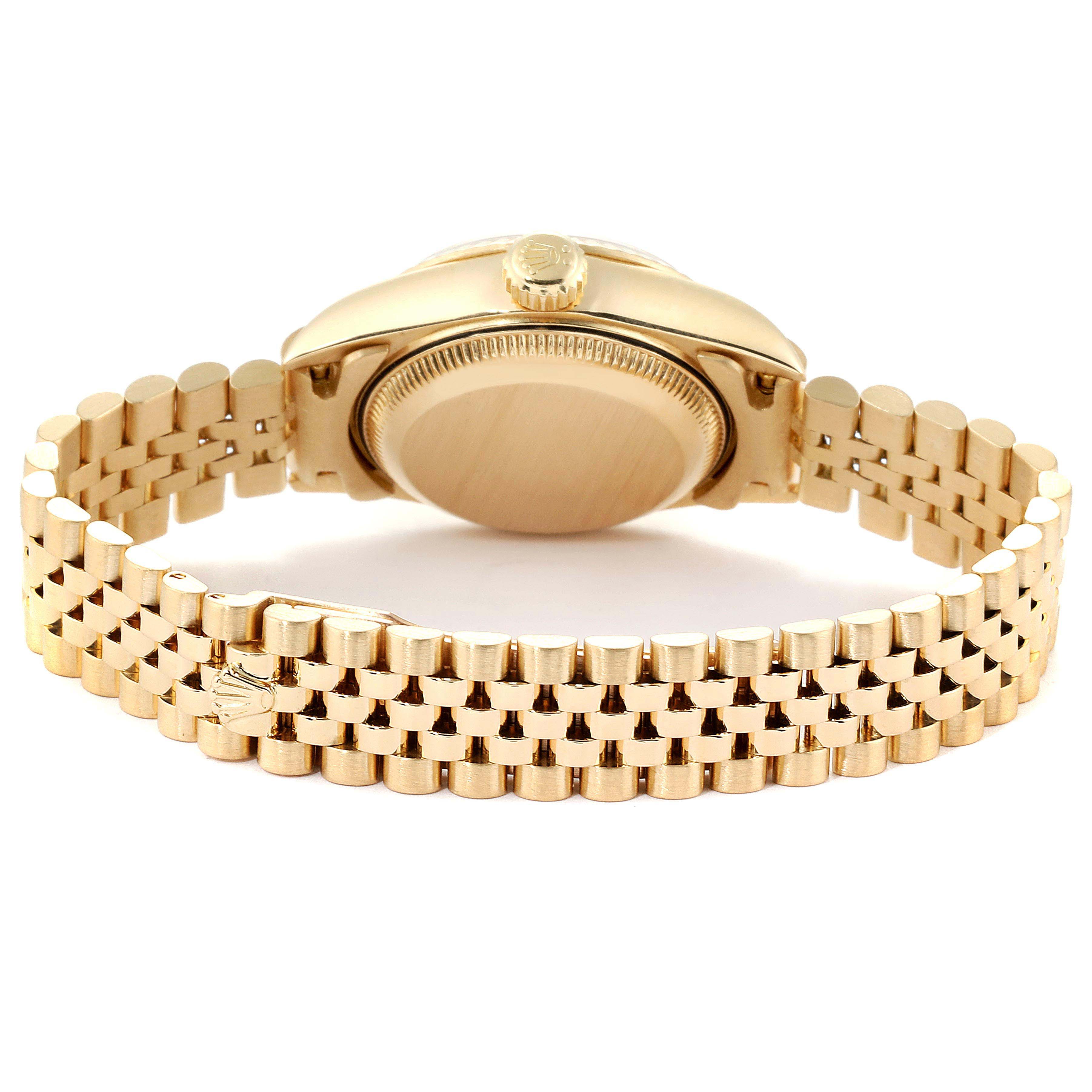 The image shows the back of a Rolex President 79178 Women
s Yellow Gold Champagne Dial 79178 Women
s Yellow Gold Champagne Dial model watch, highlighting its gold case and bracelet from a rear angle.