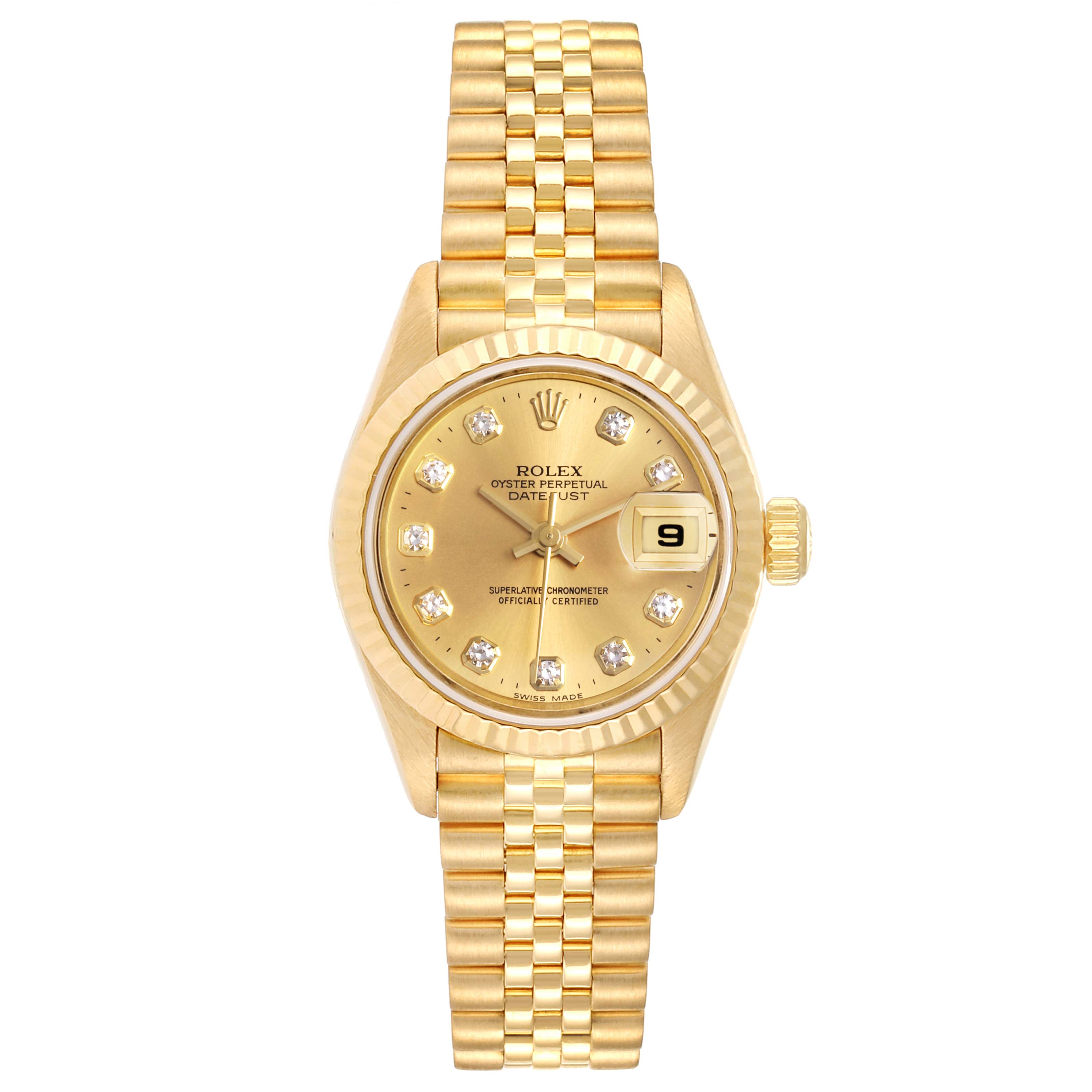 This image shows a frontal view of the Rolex President 79178 Women
s Yellow Gold Champagne Dial 79178 Women
s Yellow Gold Champagne Dial model watch, displaying its gold dial, date window, and bracelet.