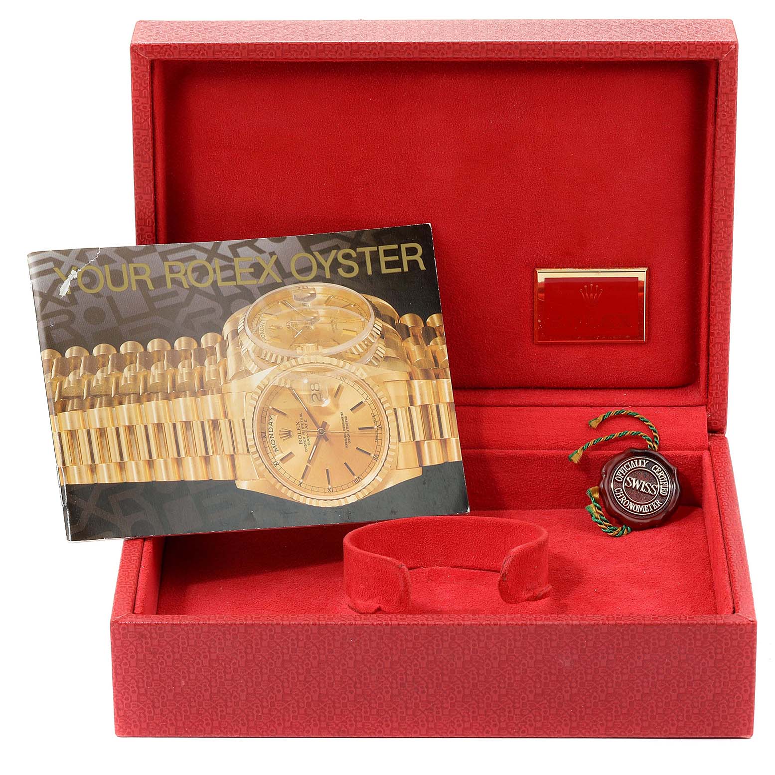 The image shows the open red box of a Rolex President 79178 Women
s Yellow Gold Champagne Dial 79178 Women
s Yellow Gold Champagne Dial model, along with its booklet, Best Quality
ity tag, and cardholder.