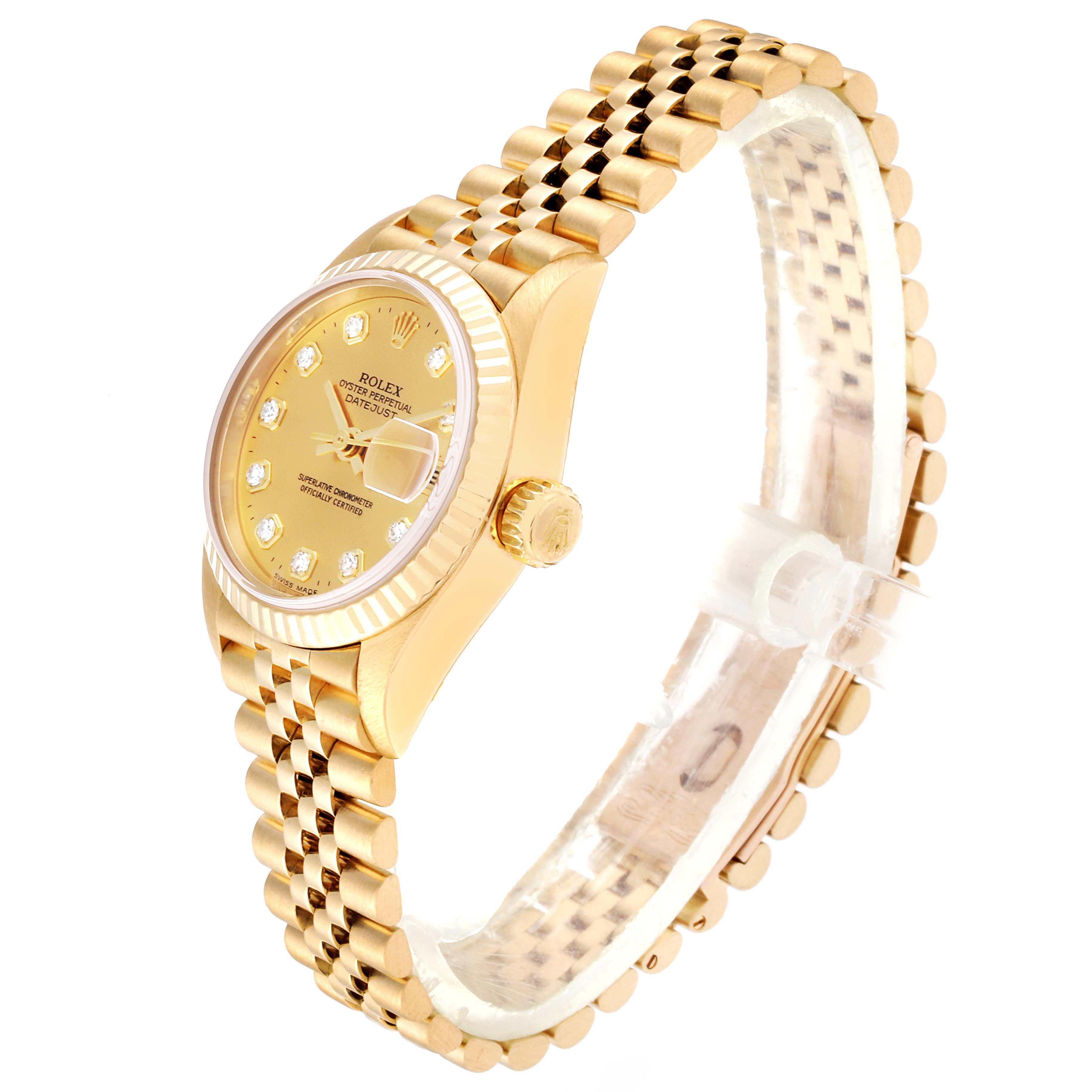 This Rolex President 79178 Women
s Yellow Gold Champagne Dial 79178 Women
s Yellow Gold Champagne Dial model watch is shown from a side angle, highlighting its face, crown, and bracelet.