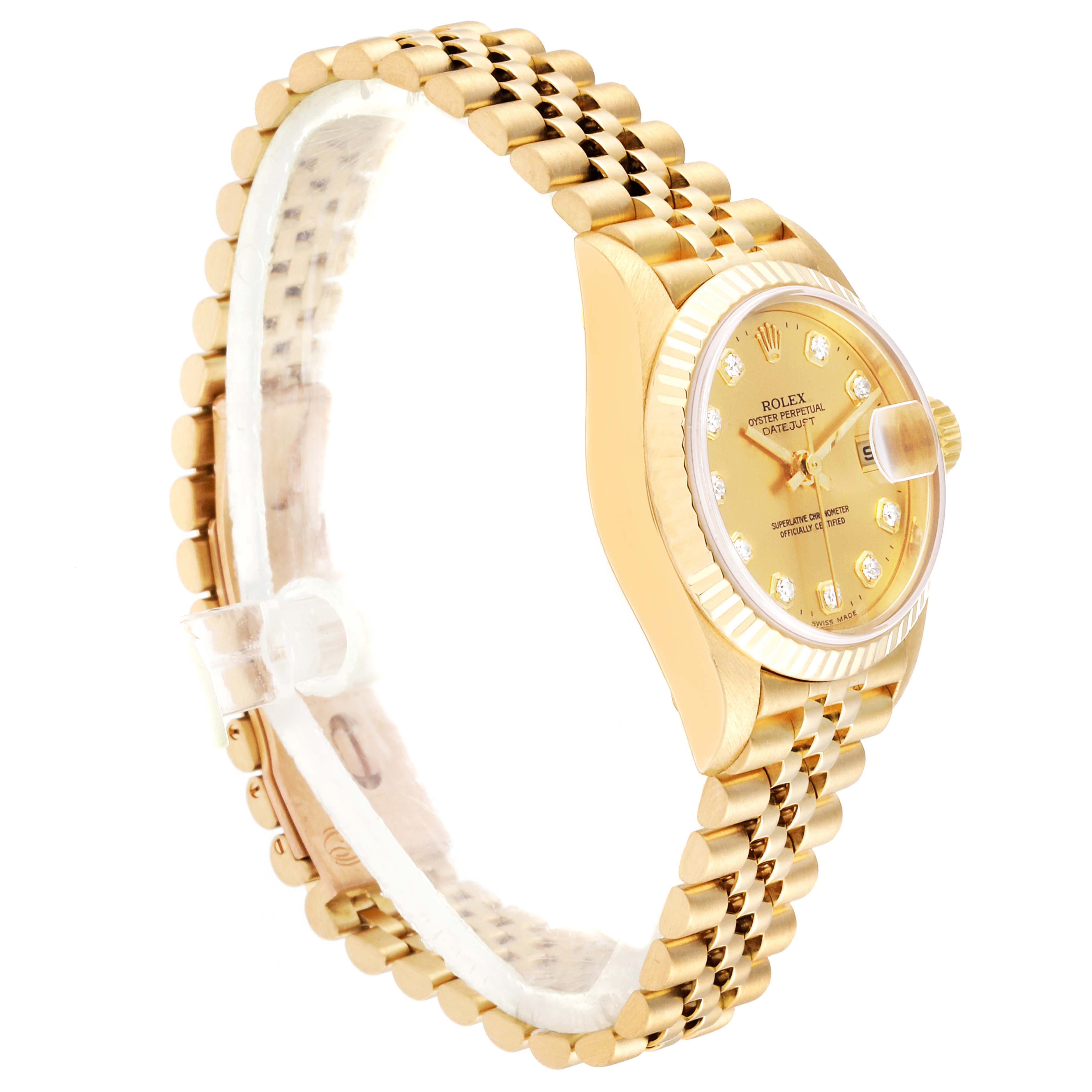 The image shows a Rolex President 79178 Women
s Yellow Gold Champagne Dial 79178 Women
s Yellow Gold Champagne Dial model watch at an angled side view, highlighting the gold band and the watch face with diamond markers.