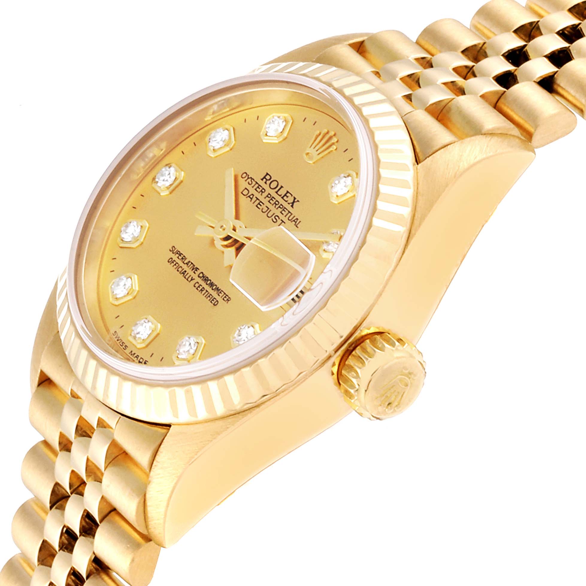 This image shows a close-up angle of the face, crown, and part of the bracelet of a Rolex President 79178 Women
s Yellow Gold Champagne Dial 79178 Women
s Yellow Gold Champagne Dial model watch.