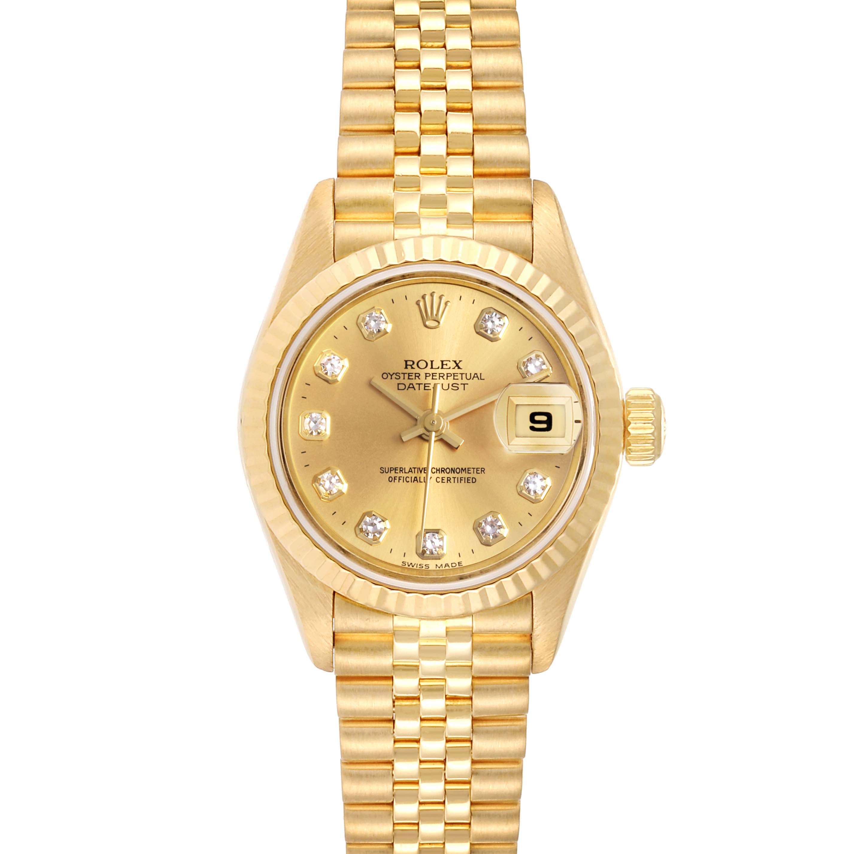The Rolex President 79178 Women
s Yellow Gold Champagne Dial 79178 Women
s Yellow Gold Champagne Dial model watch is shown from a top view, displaying its gold face, bracelet, date window, and diamond hour markers.