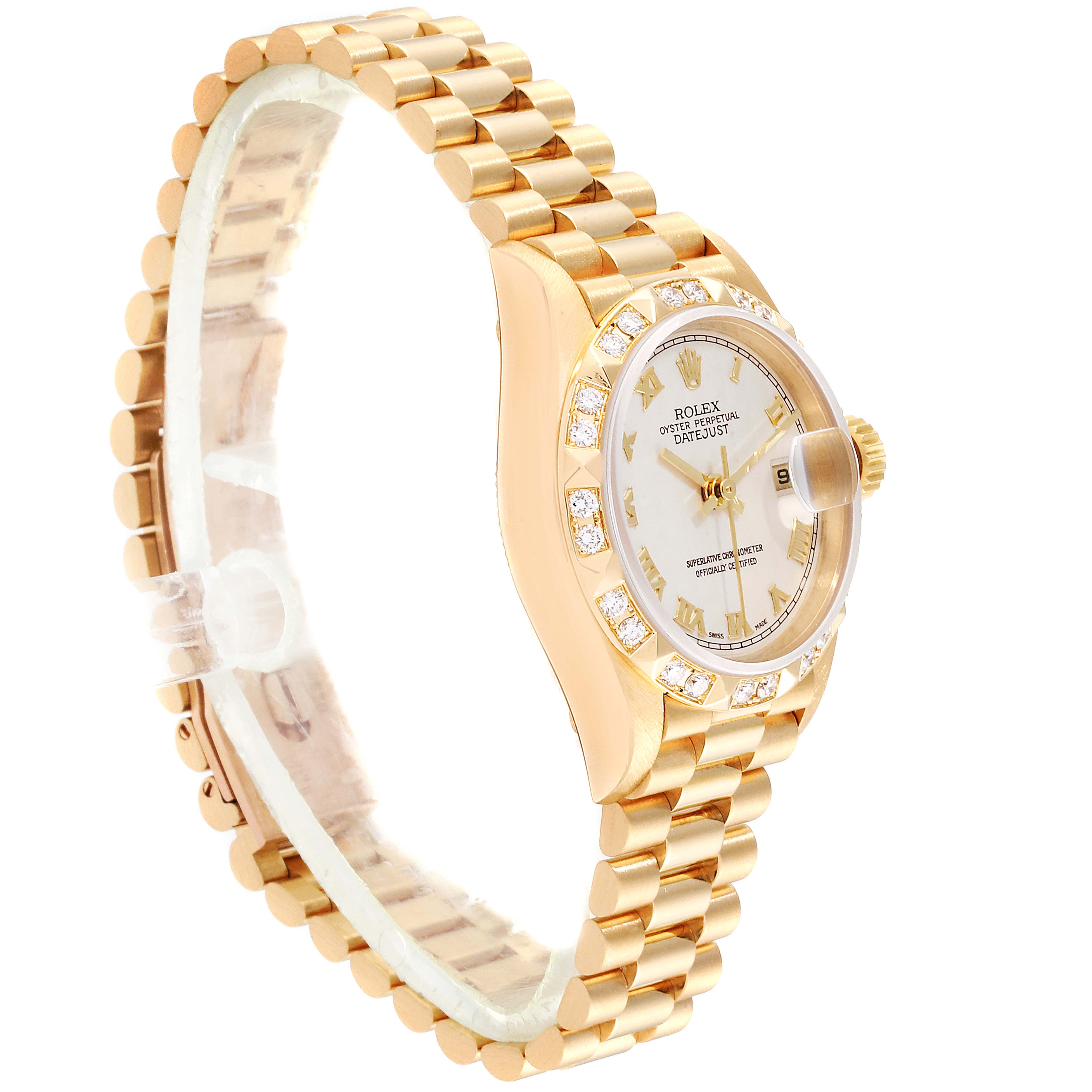 The image shows a side angle of a Rolex President 79258 Women's Yellow Gold Beige Dial 79258 Women's Yellow Gold Beige Dial model watch, highlighting its bracelet, bezel, and face with diamond markers.