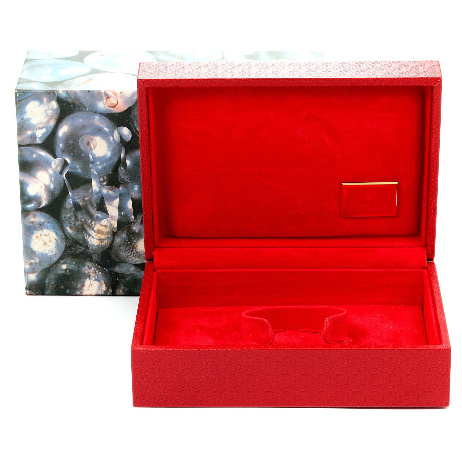 This image shows an open red Rolex President 79258 Women's Yellow Gold Beige Dial 79258 Women's Yellow Gold Beige Dial model watch box with internal padding, set against a decorative outer box.