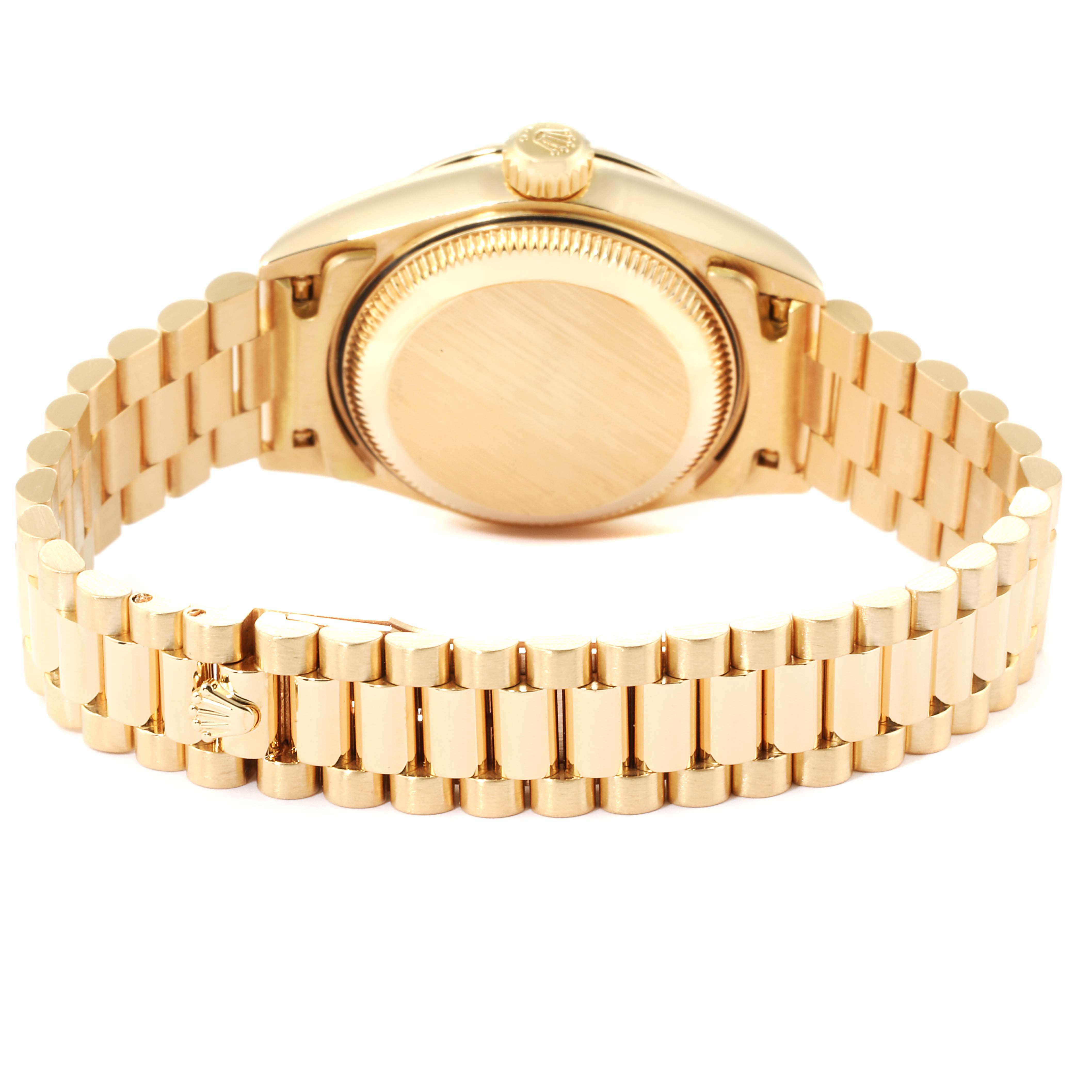 The image shows the back and bracelet of the Rolex President 79258 Women's Yellow Gold Beige Dial 79258 Women's Yellow Gold Beige Dial model watch from a rear angle.
