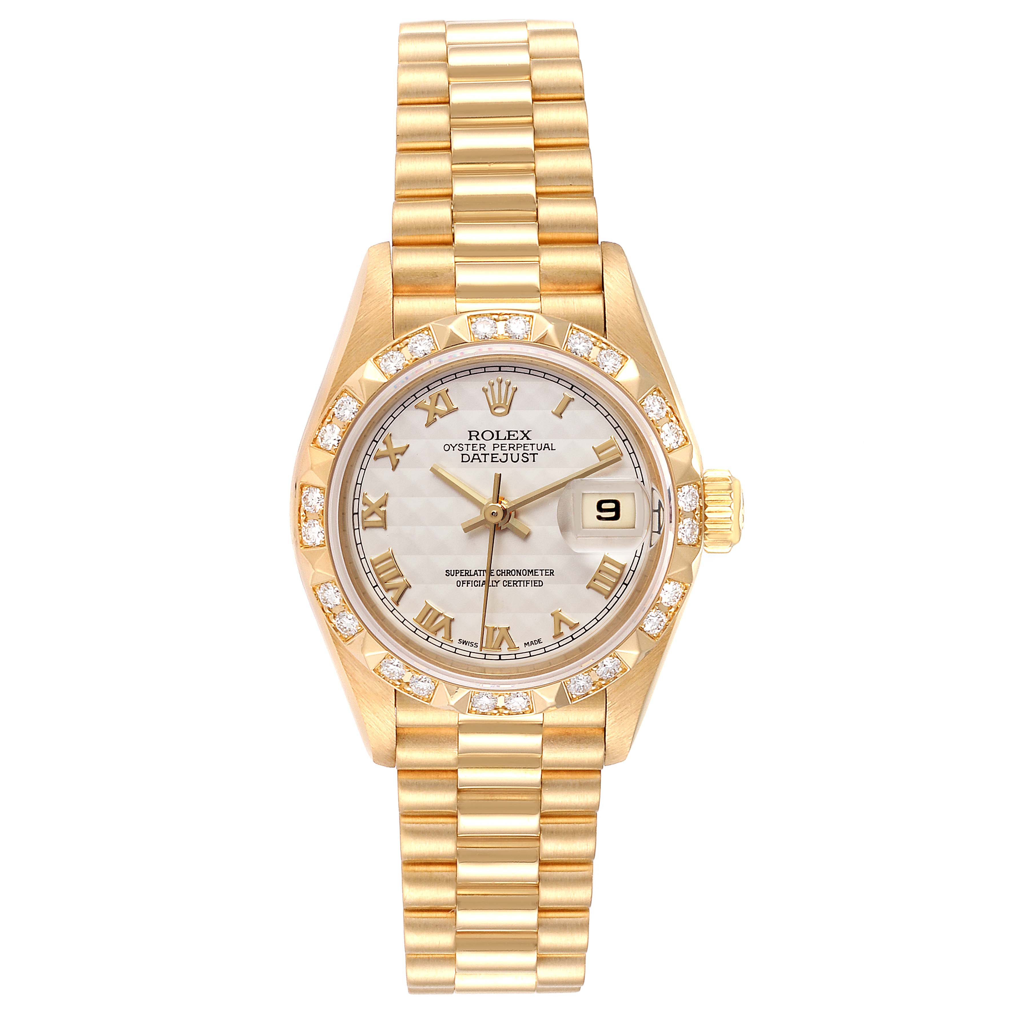 The Rolex President 79258 Women's Yellow Gold Beige Dial 79258 Women's Yellow Gold Beige Dial model watch is shown from a top-view angle, displaying the face, bezel, and bracelet.
