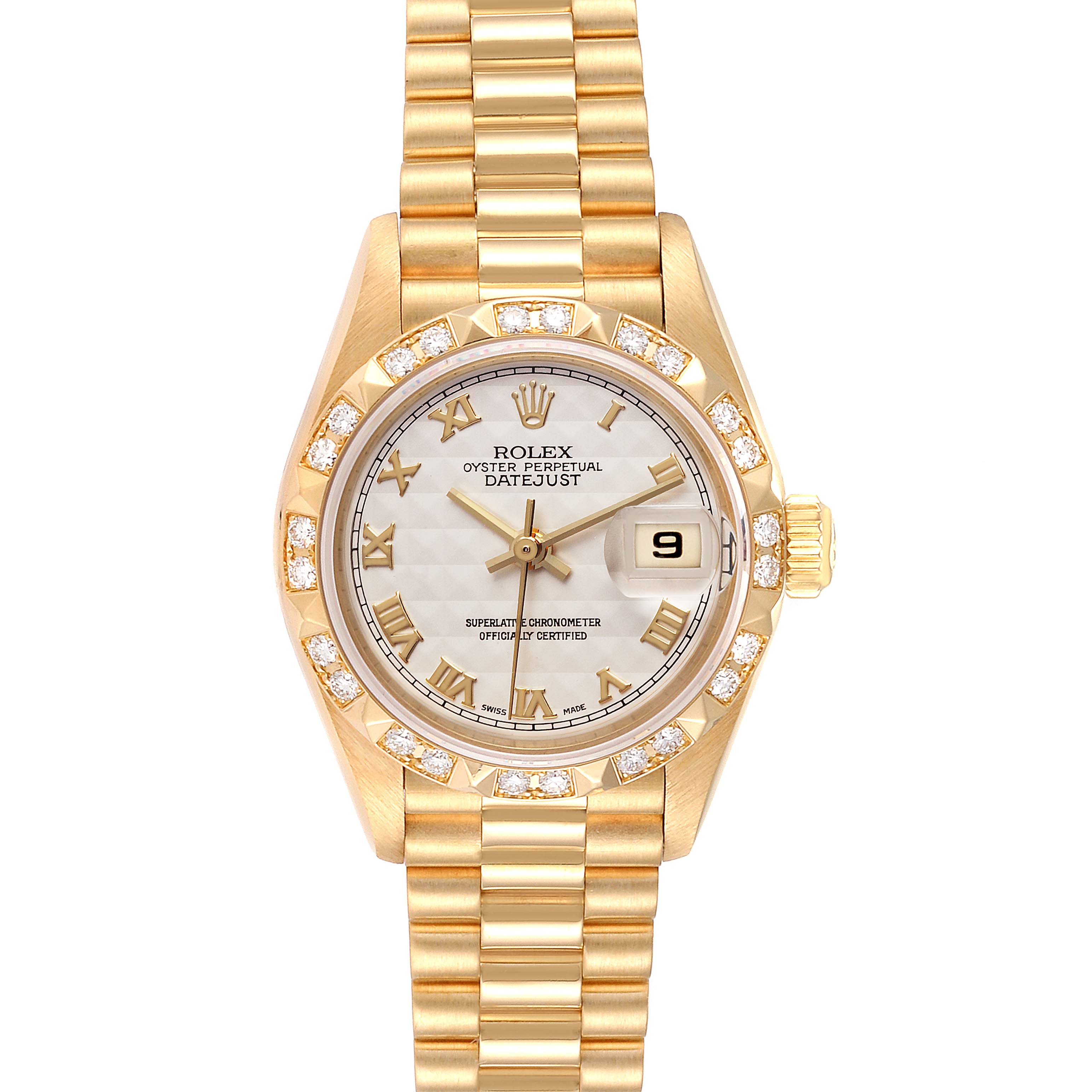 The image shows a frontal view of a Rolex President 79258 Women's Yellow Gold Beige Dial 79258 Women's Yellow Gold Beige Dial model watch, highlighting its face, bezel, and bracelet.