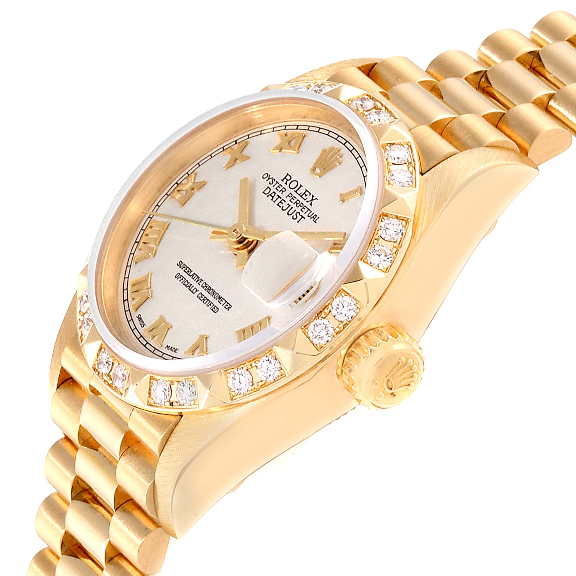 The image shows a close-up of the Rolex President 79258 Women's Yellow Gold Beige Dial 79258 Women's Yellow Gold Beige Dial model watch, featuring its gold case, bezel, dial, and part of its bracelet.