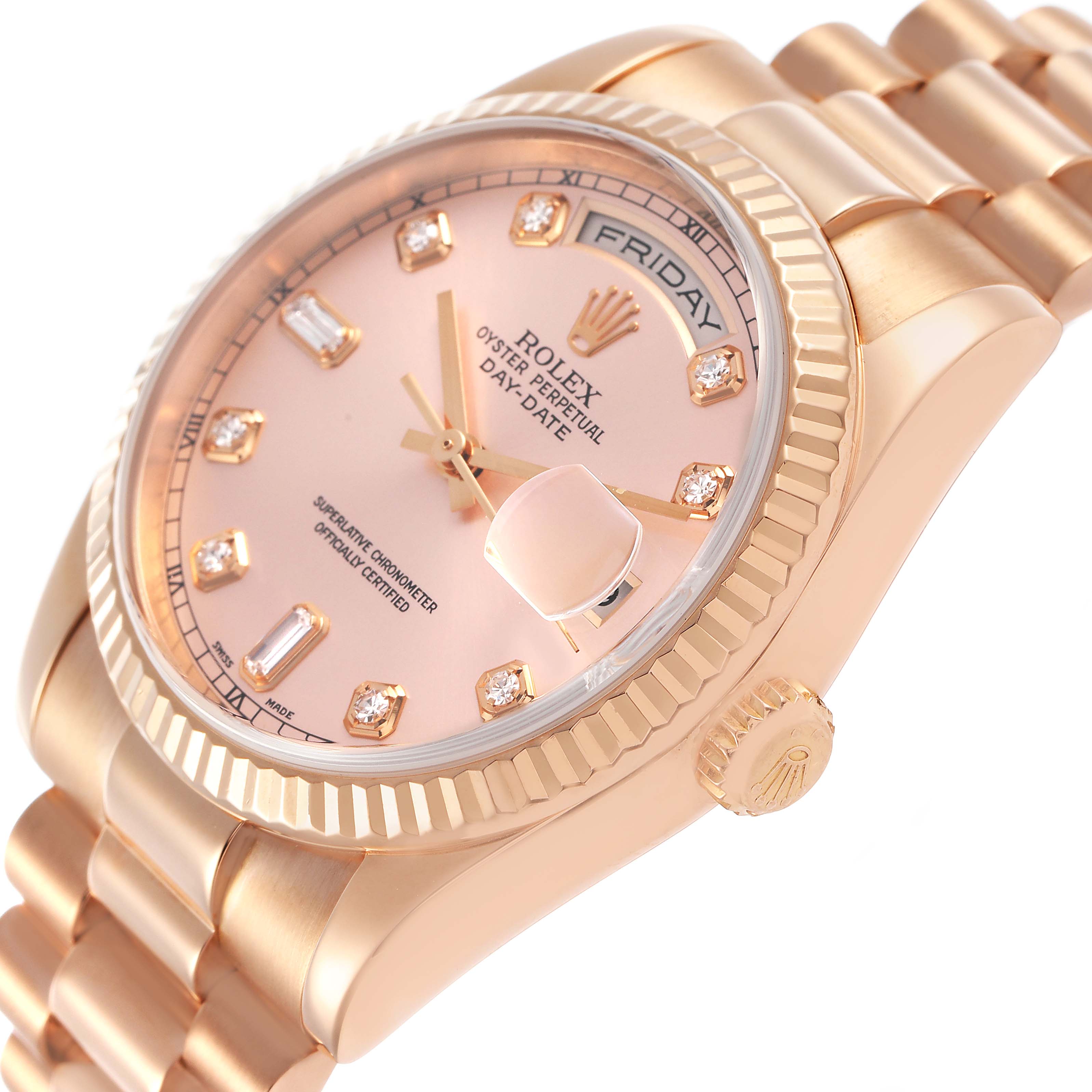 The Rolex President 118235 Men's Rose Gold Pink Dial model is shown at a slight angle, highlighting the face, bezel, bracelet, and crown.