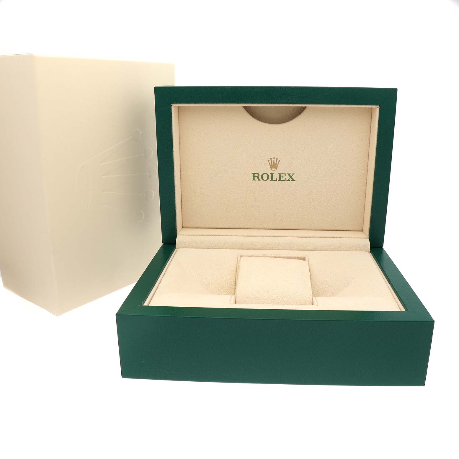 The image shows an open Rolex watch box for the President model, highlighted from the front with a cream and green color scheme.