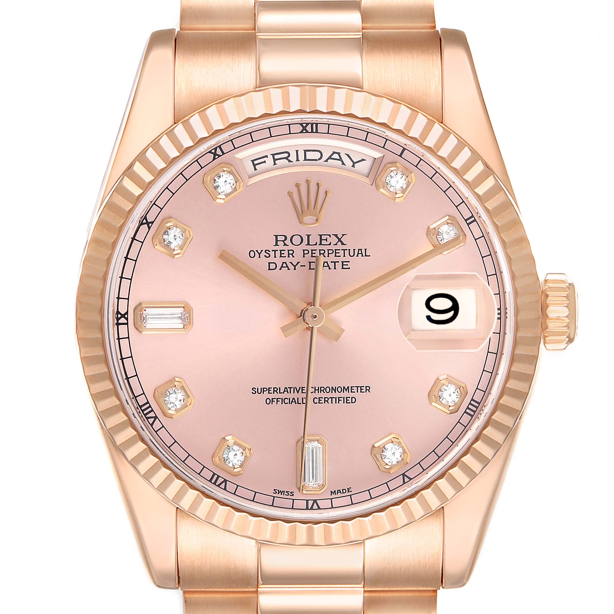 The Rolex President 118235 Men's Rose Gold Pink Dial model is shown from the front, highlighting the rose gold case, fluted bezel, and pink diamond-set dial.