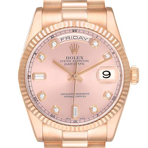 This Rolex President 118235 Men's Rose Gold Pink Dial model is shown from the front, highlighting the watch face, dial, hands, date, and day display.