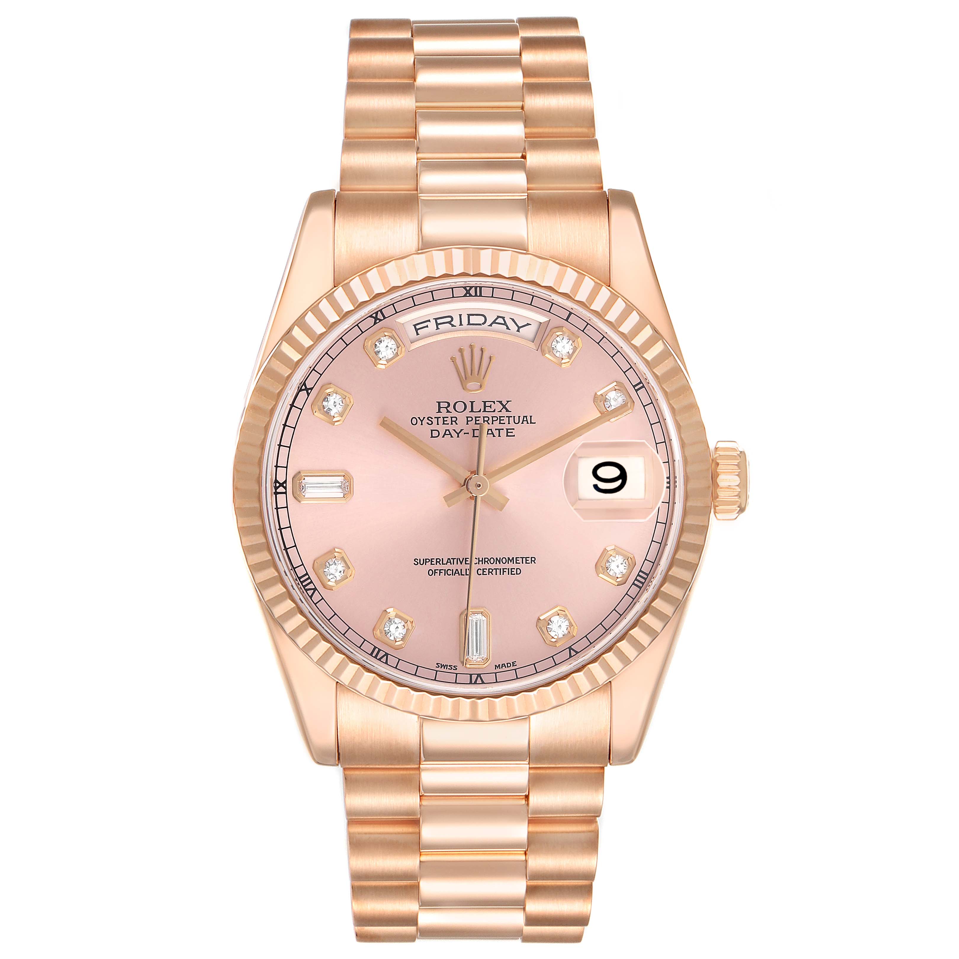 The Rolex President 118235 Men's Rose Gold Pink Dial model watch is shown from the front, highlighting the dial, hour markers, day, date displays, and bracelet.