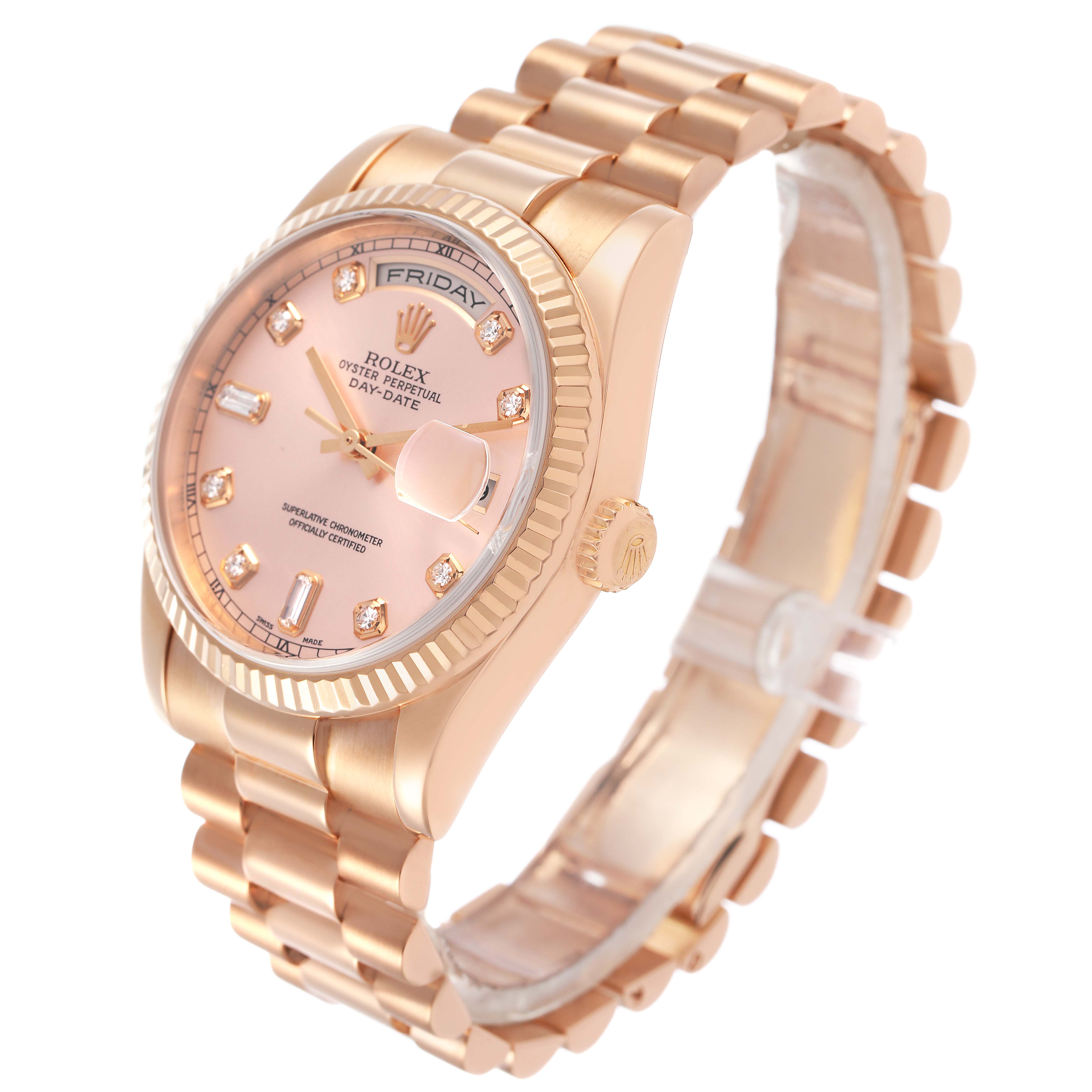 The Rolex President 118235 Men's Rose Gold Pink Dial model is shown at a slight angle, highlighting the dial, bracelet, bezel, and crown.