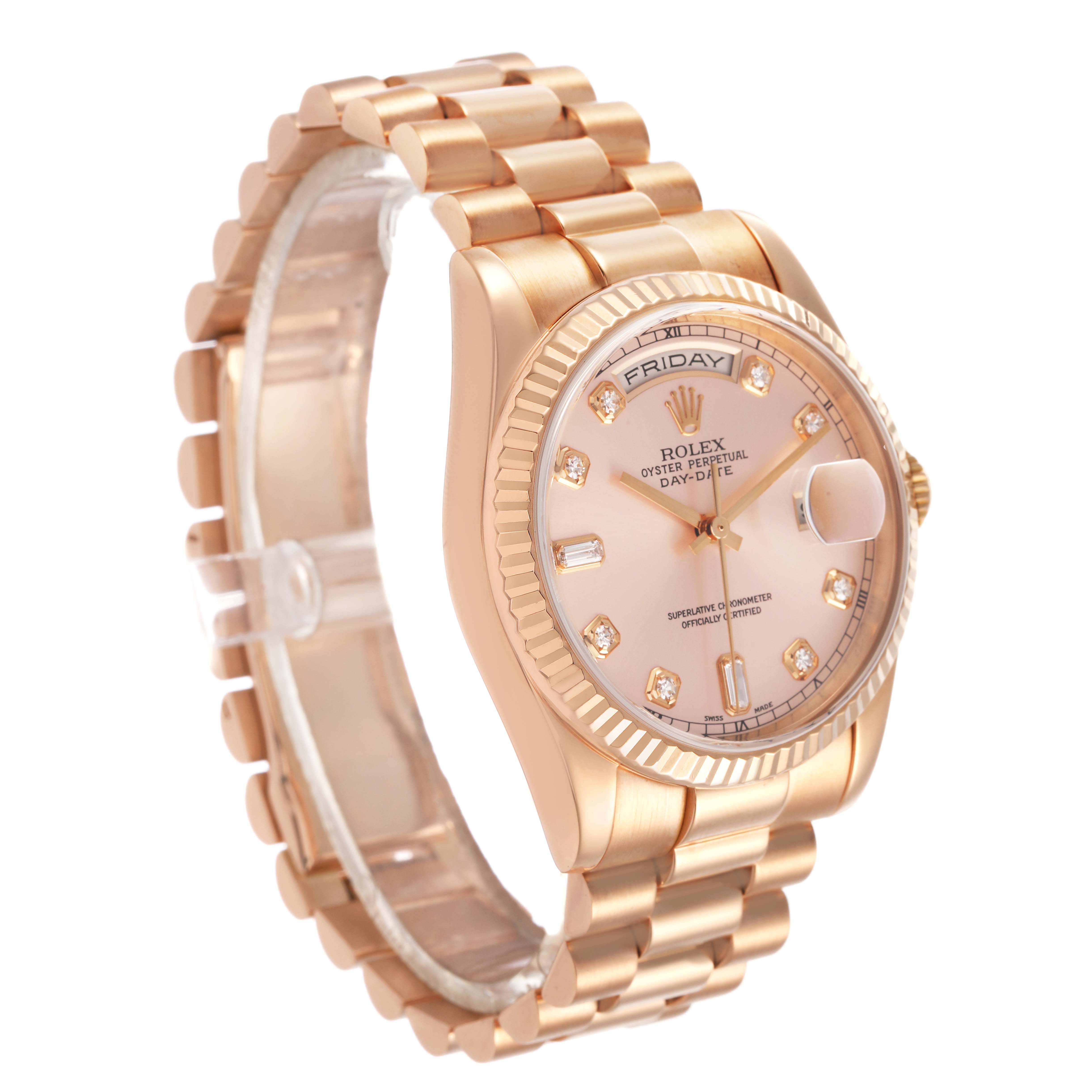 The Rolex President 118235 Men's Rose Gold Pink Dial model watch is shown at a three-quarter angle, highlighting the face, bracelet, and fluted bezel.