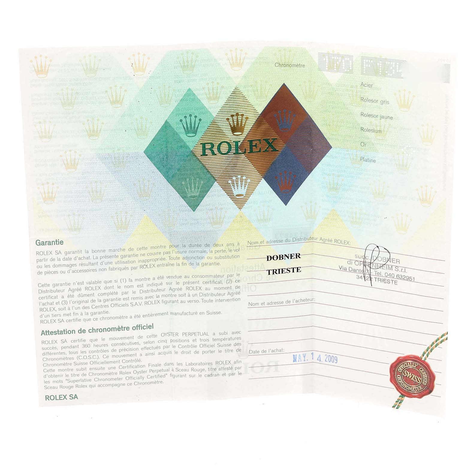 The image shows an official Rolex warranty certificate for the President model, including details such as purchase date and seller's information.