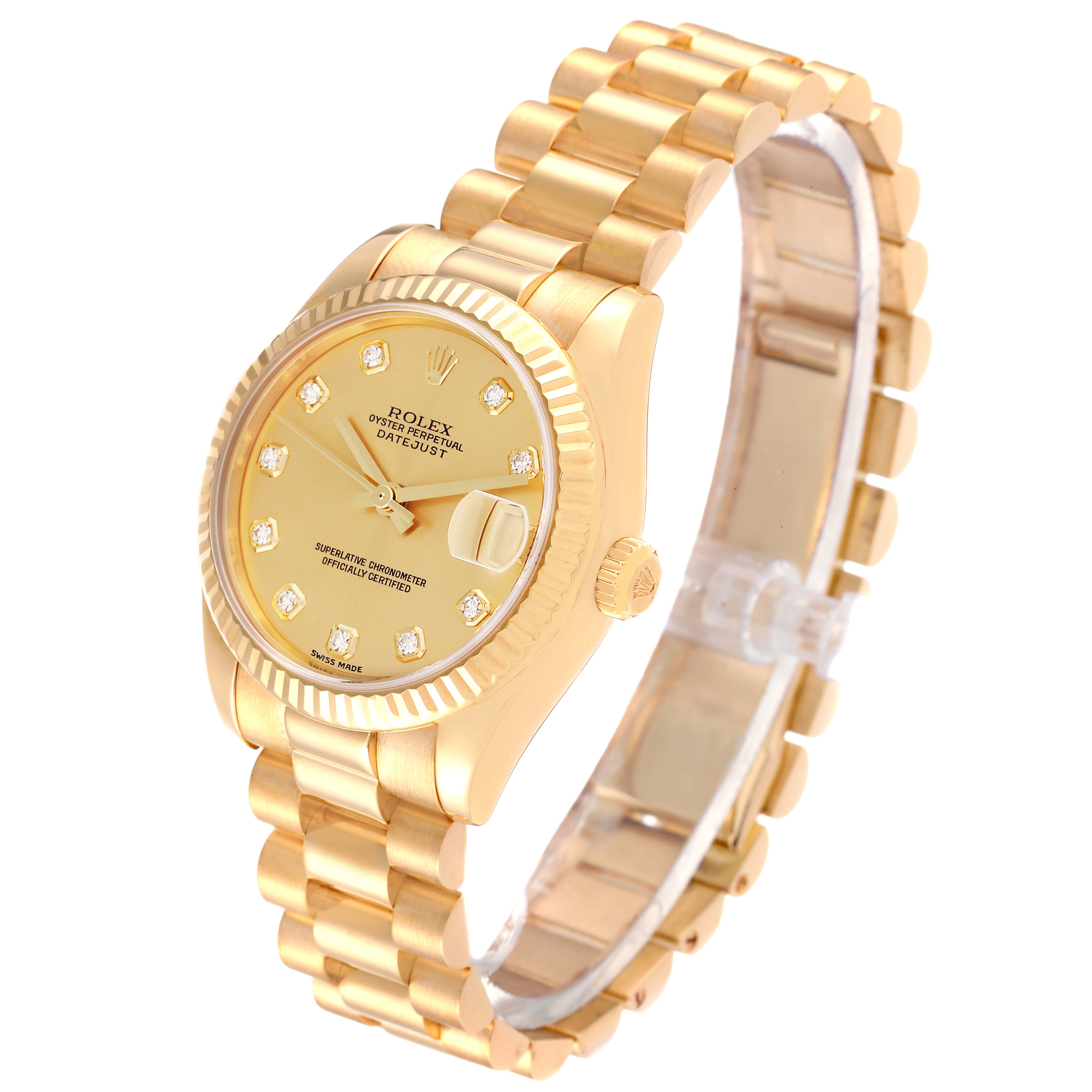The image shows a Rolex President 178278 Women's Yellow Gold Champagne Dial 178278 Women's Yellow Gold Champagne Dial model watch angled to display the face, bezel, crown, and bracelet.