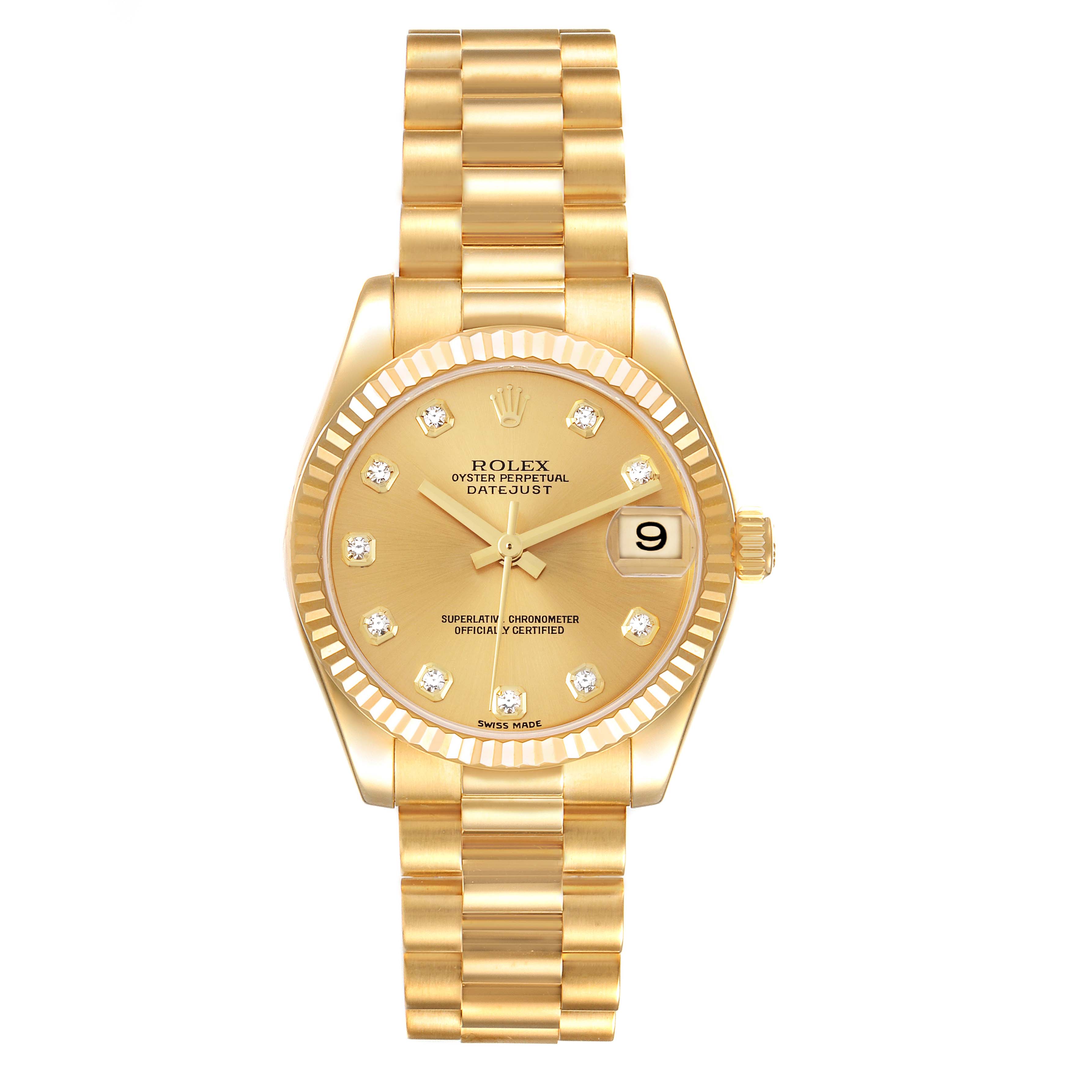 The image shows a front view of the Rolex President 178278 Women's Yellow Gold Champagne Dial 178278 Women's Yellow Gold Champagne Dial model watch, displaying the dial, bezel, and bracelet.