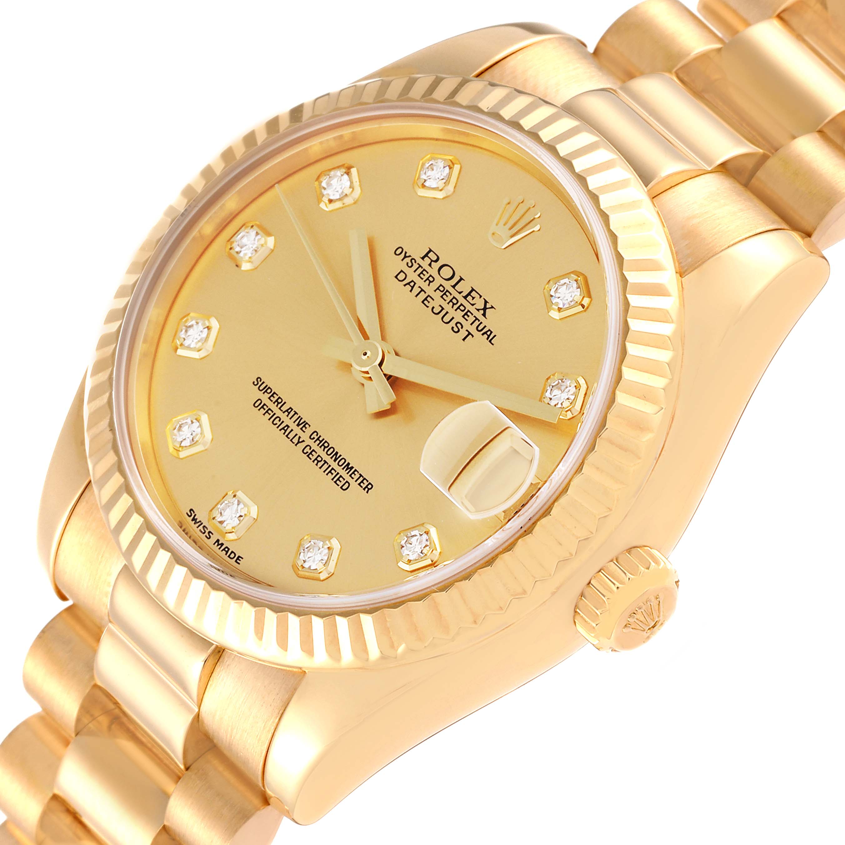 This image shows a close-up of the face, bezel, and part of the band of a Rolex President 178278 Women's Yellow Gold Champagne Dial 178278 Women's Yellow Gold Champagne Dial model watch.