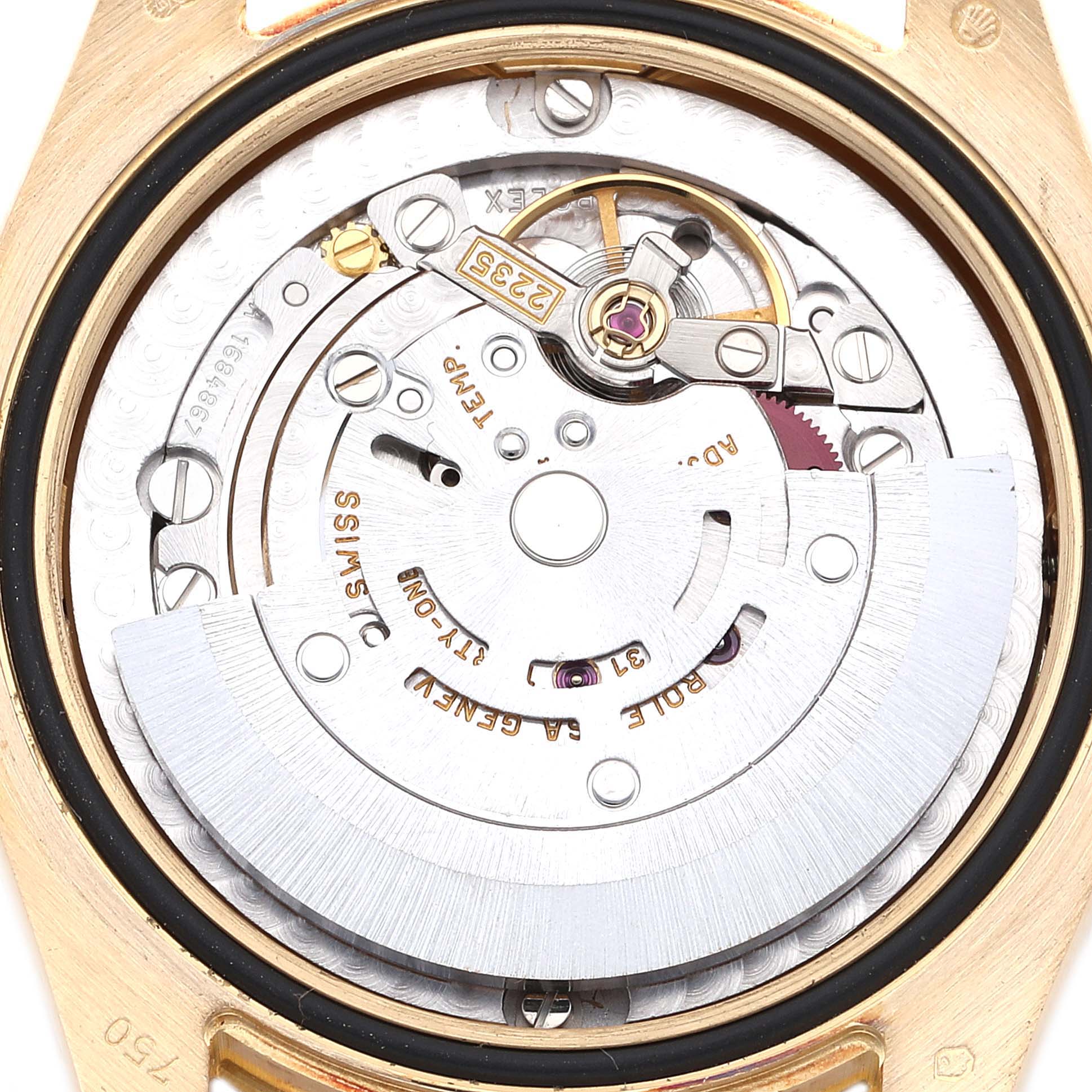 This image shows the internal movement mechanism of a Rolex President 178278 Women's Yellow Gold Champagne Dial 178278 Women's Yellow Gold Champagne Dial model watch from a rear angle.