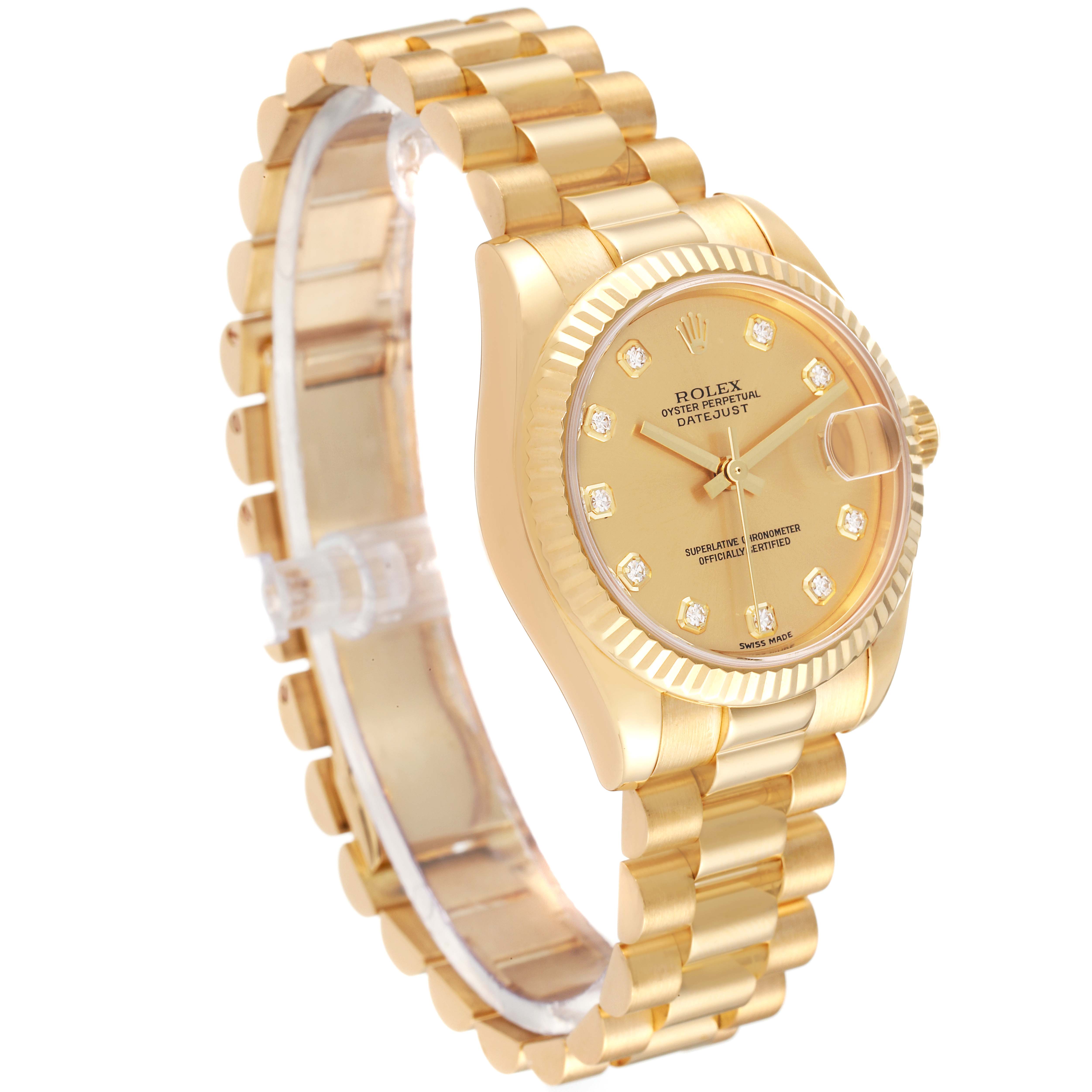 The image shows a side and front angle of a gold Rolex President 178278 Women's Yellow Gold Champagne Dial 178278 Women's Yellow Gold Champagne Dial model watch, displaying its bracelet, dial, and case.