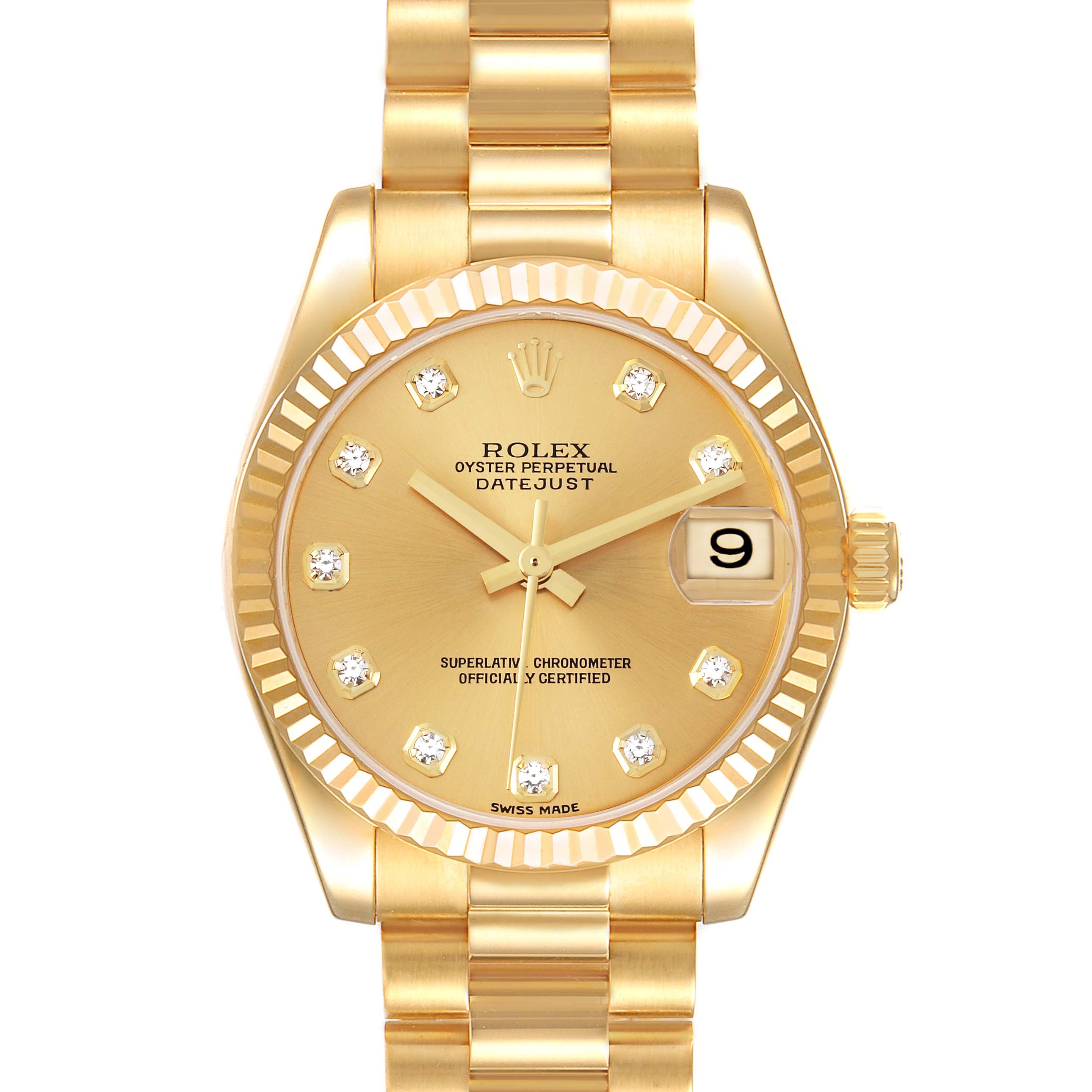 The image shows a front view of the Rolex President 178278 Women's Yellow Gold Champagne Dial 178278 Women's Yellow Gold Champagne Dial Datejust watch, highlighting its gold bracelet, dial, and date display.