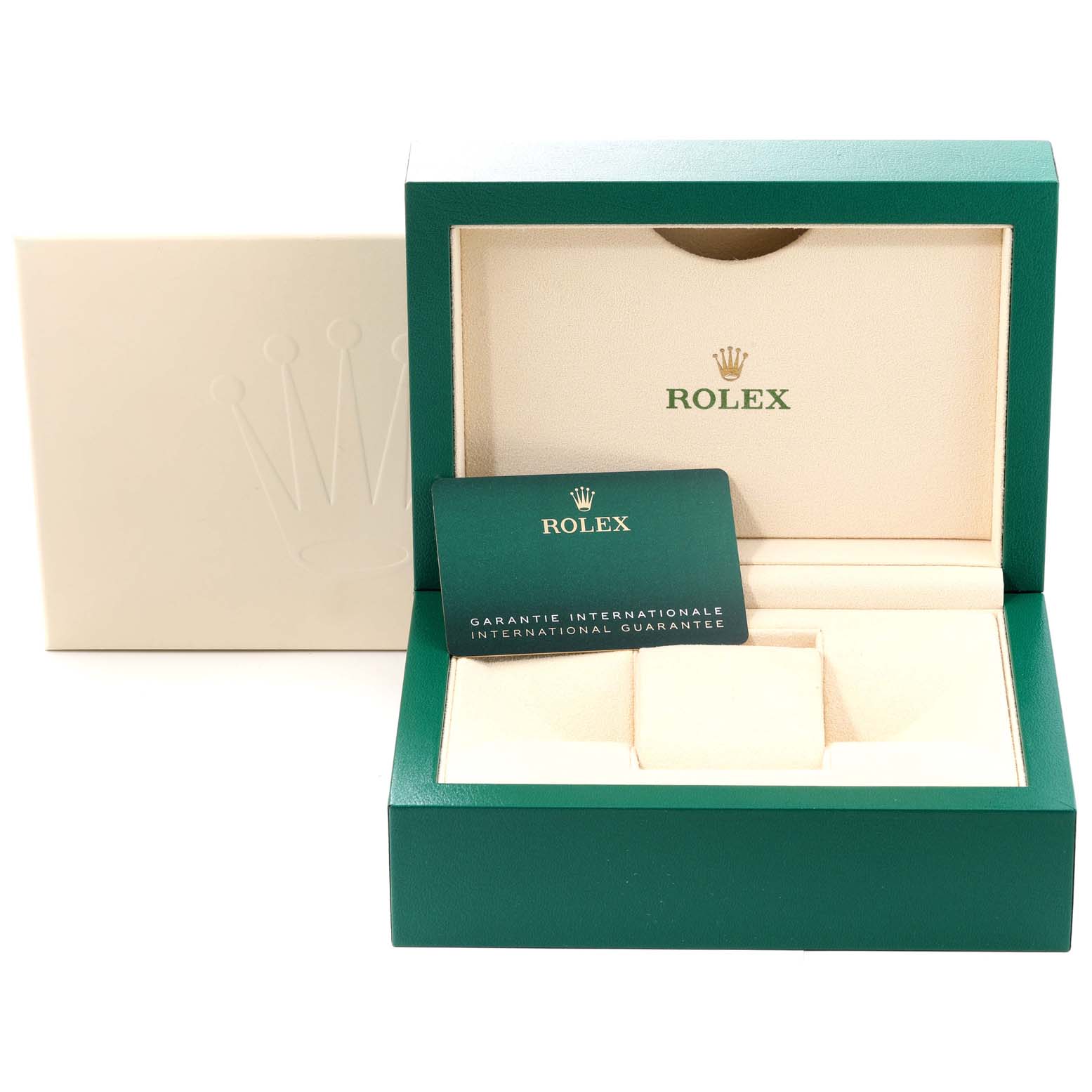 This image shows the open box and guarantee card for the Rolex Sea-Dweller 126660 Men's Stainless Steel Black Dial 126660 Men's Stainless Steel Black Dial watch.