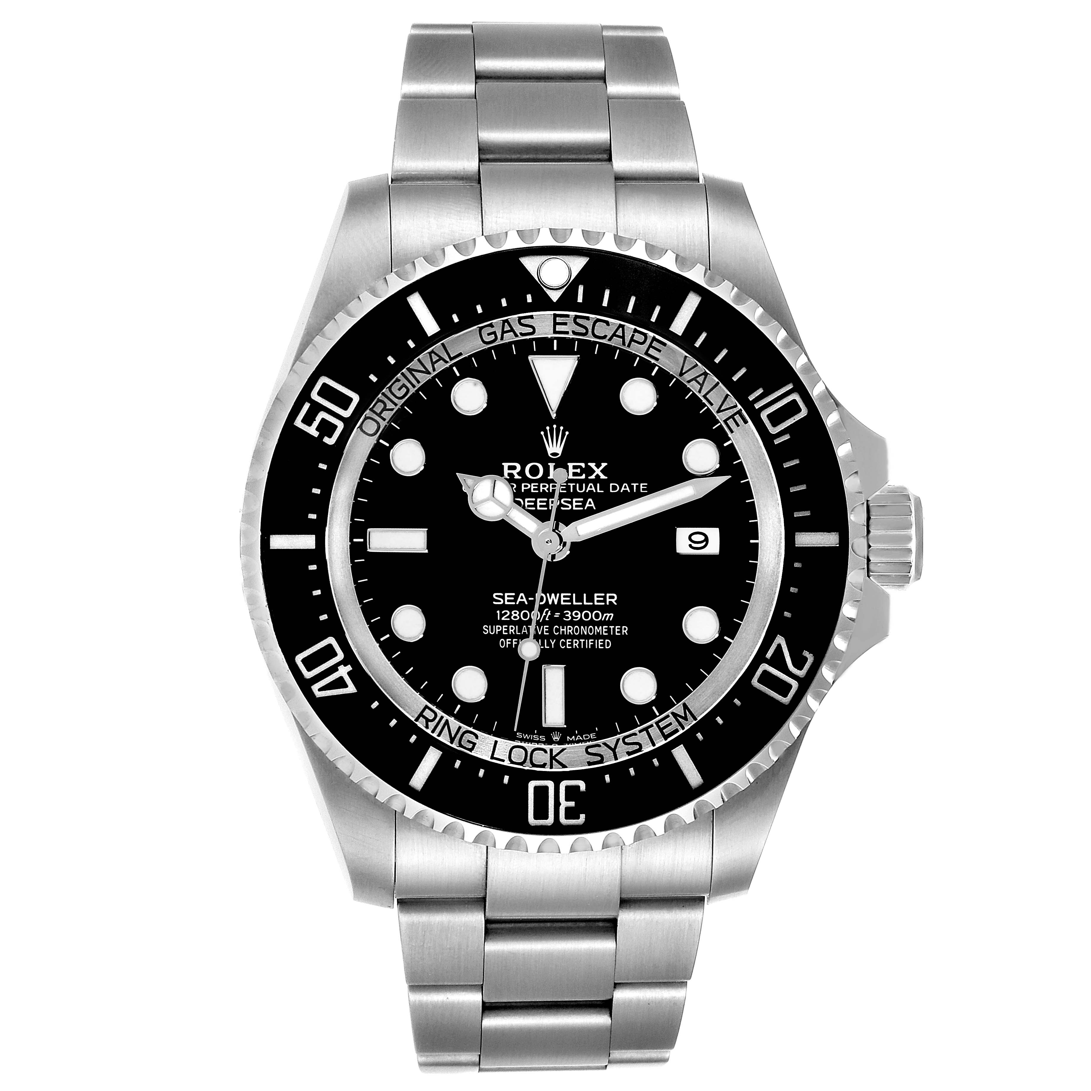 The image shows a front view of the Rolex Sea-Dweller 126660 Men's Stainless Steel Black Dial 126660 Men's Stainless Steel Black Dial watch, highlighting its dial, bezel, and bracelet.