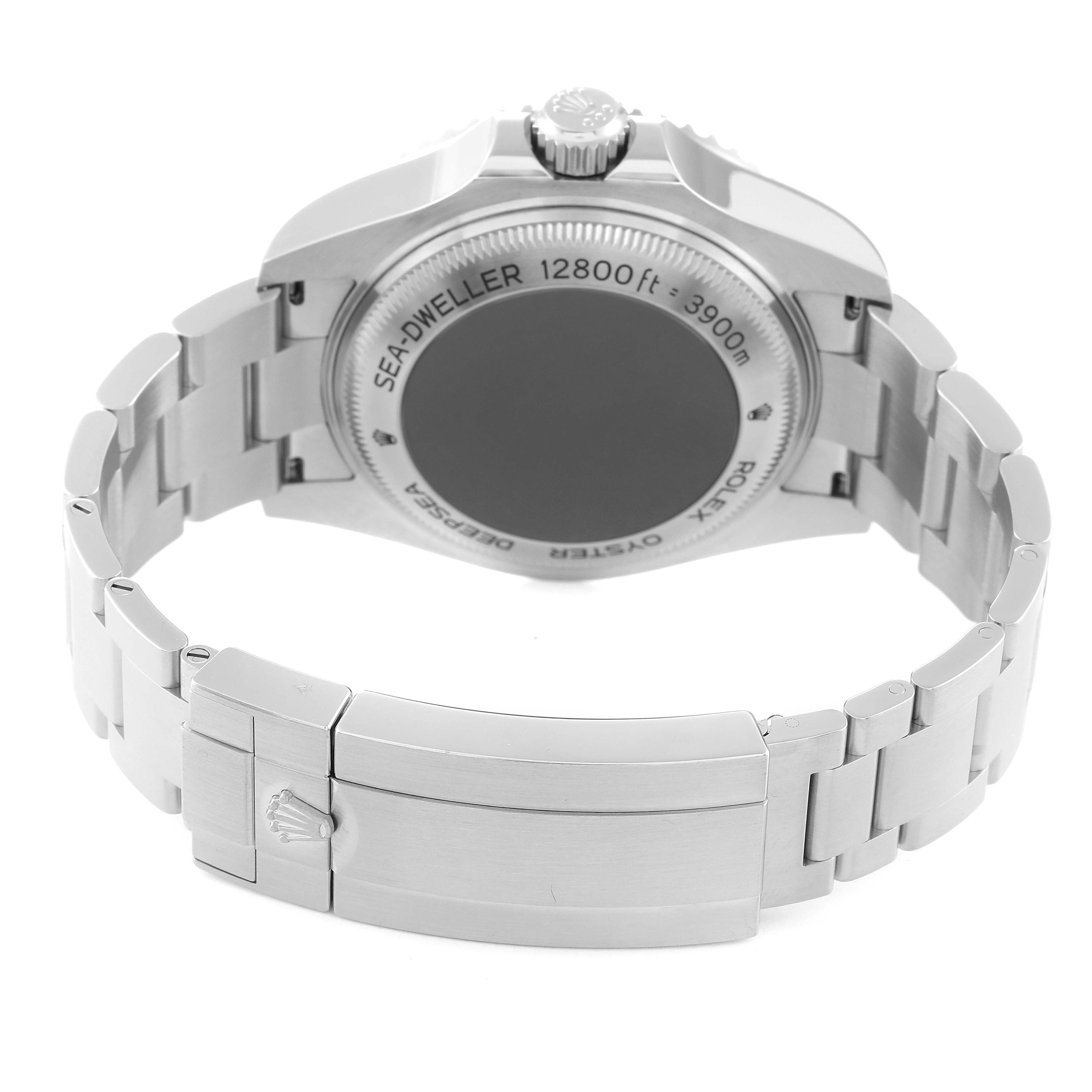 The image shows the back side and bracelet of a Rolex Sea-Dweller 126660 Men's Stainless Steel Black Dial 126660 Men's Stainless Steel Black Dial watch, highlighting the watch case, caseback, and clasp.