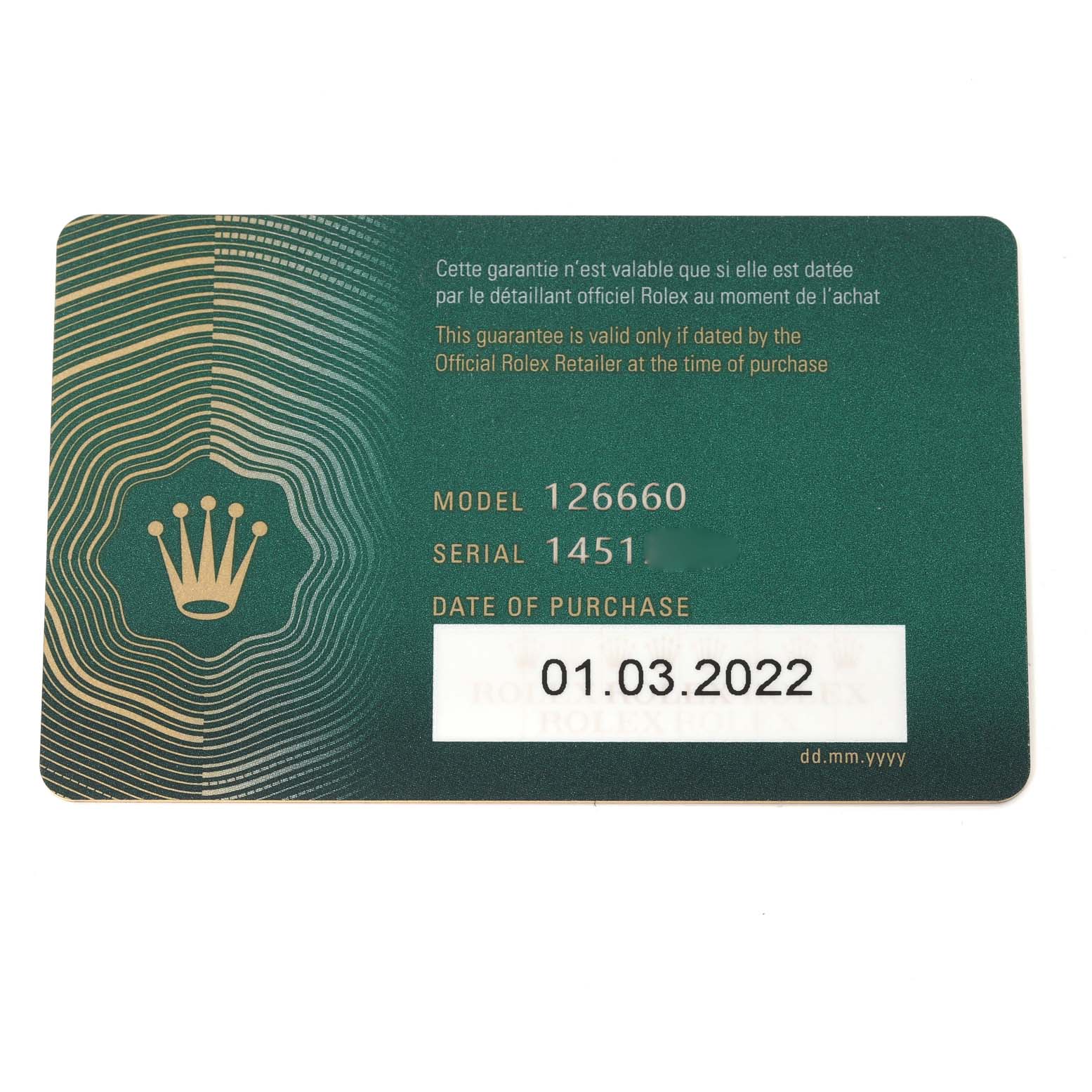 The image shows a warranty card for the Rolex Sea-Dweller 126660 Men's Stainless Steel Black Dial 126660 Men's Stainless Steel Black Dial model 126660 with a purchase date of 01.03.2022.