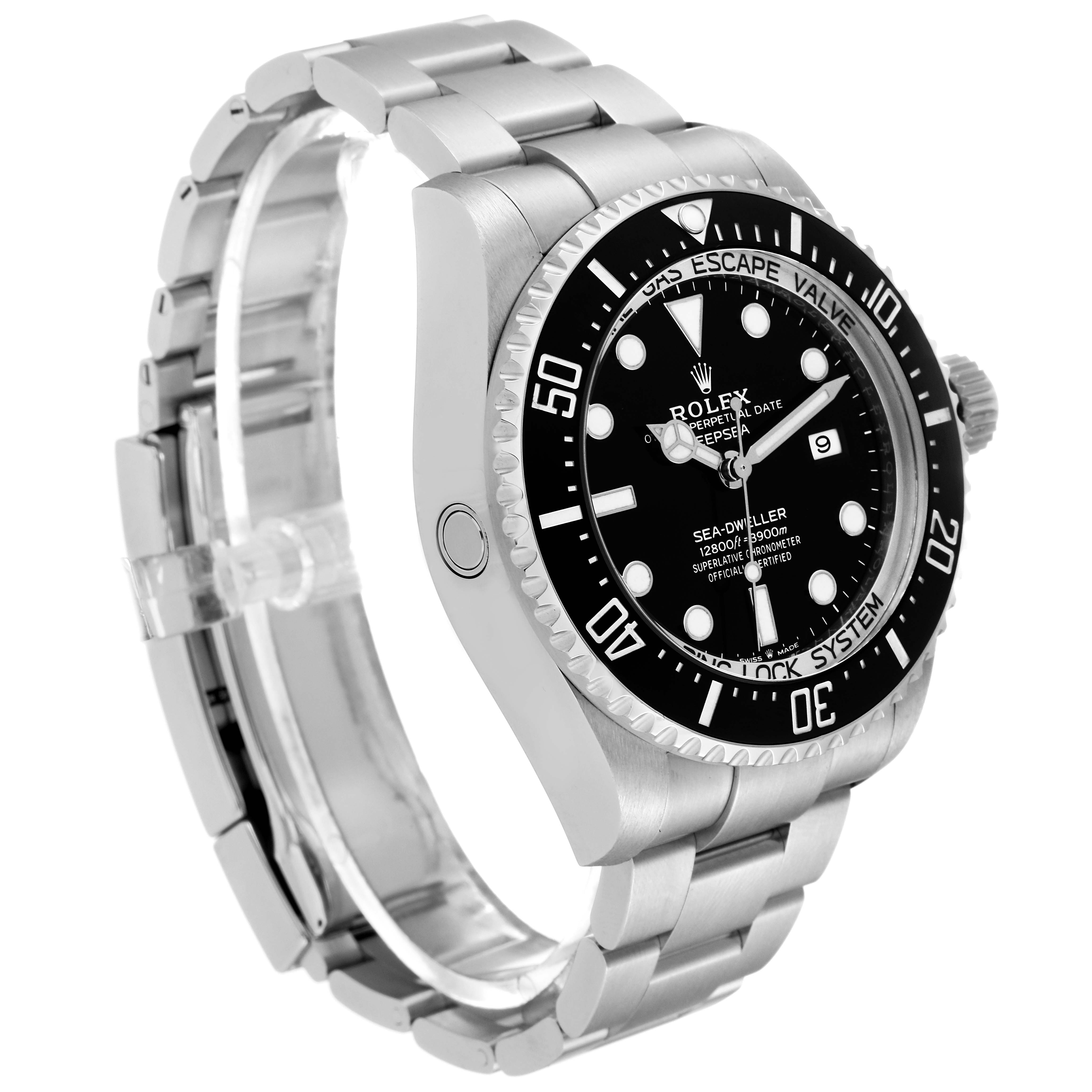 The image shows a side angle of the Rolex Sea-Dweller 126660 Men's Stainless Steel Black Dial 126660 Men's Stainless Steel Black Dial watch, highlighting the face, bezel, and bracelet.