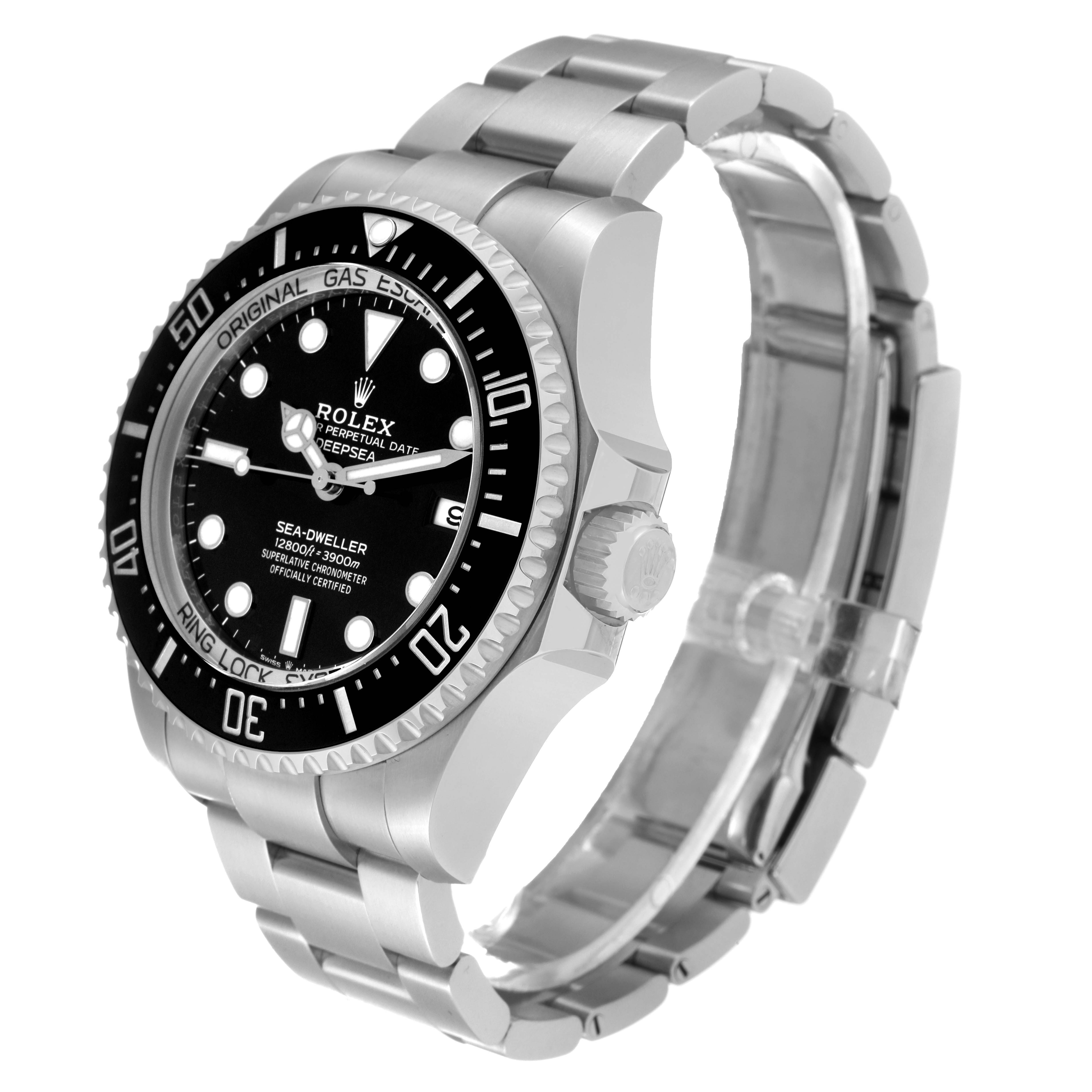 This image shows a side angle of the Rolex Sea-Dweller 136660 Men's Stainless Steel Black Dial 136660 Men's Stainless Steel Black Dial watch, highlighting its bezel, dial, crown, and bracelet.
