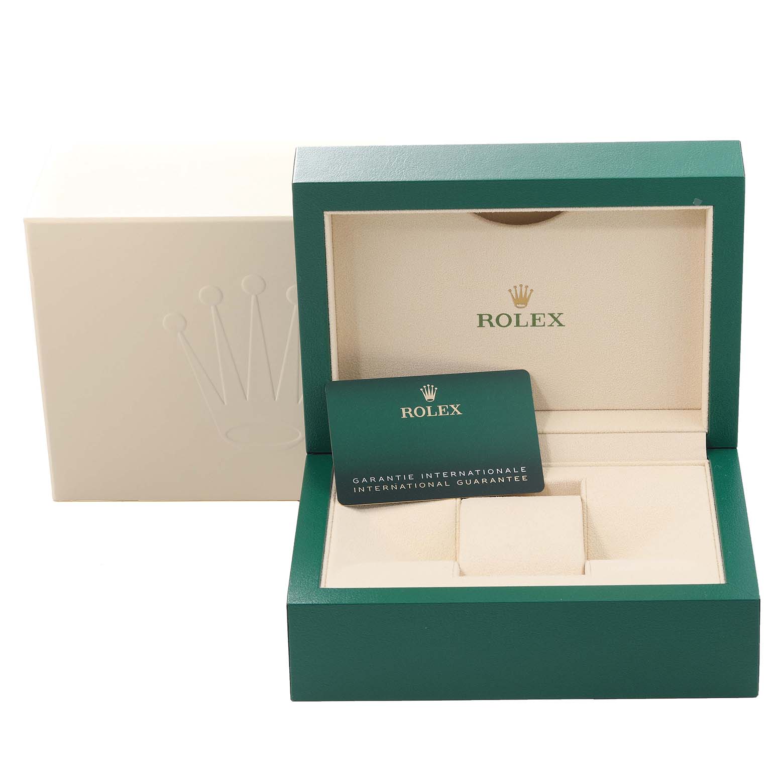 This image shows the packaging and warranty card for a Rolex Sea-Dweller 136660 Men's Stainless Steel Black Dial 136660 Men's Stainless Steel Black Dial watch, featuring the inner and outer boxes.