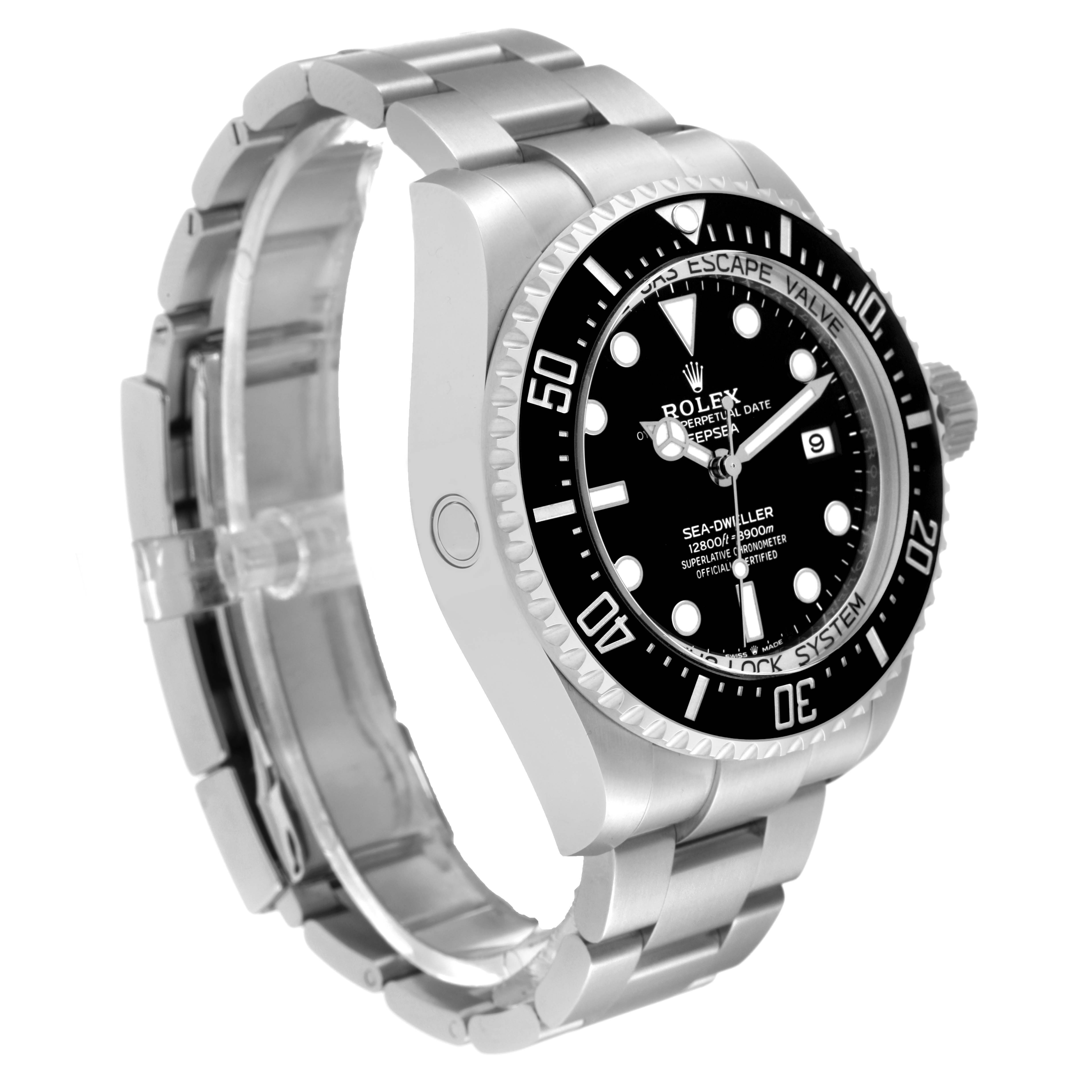 The image shows a side angle of the Rolex Sea-Dweller 136660 Men's Stainless Steel Black Dial 136660 Men's Stainless Steel Black Dial watch, highlighting its bezel, dial, and bracelet.