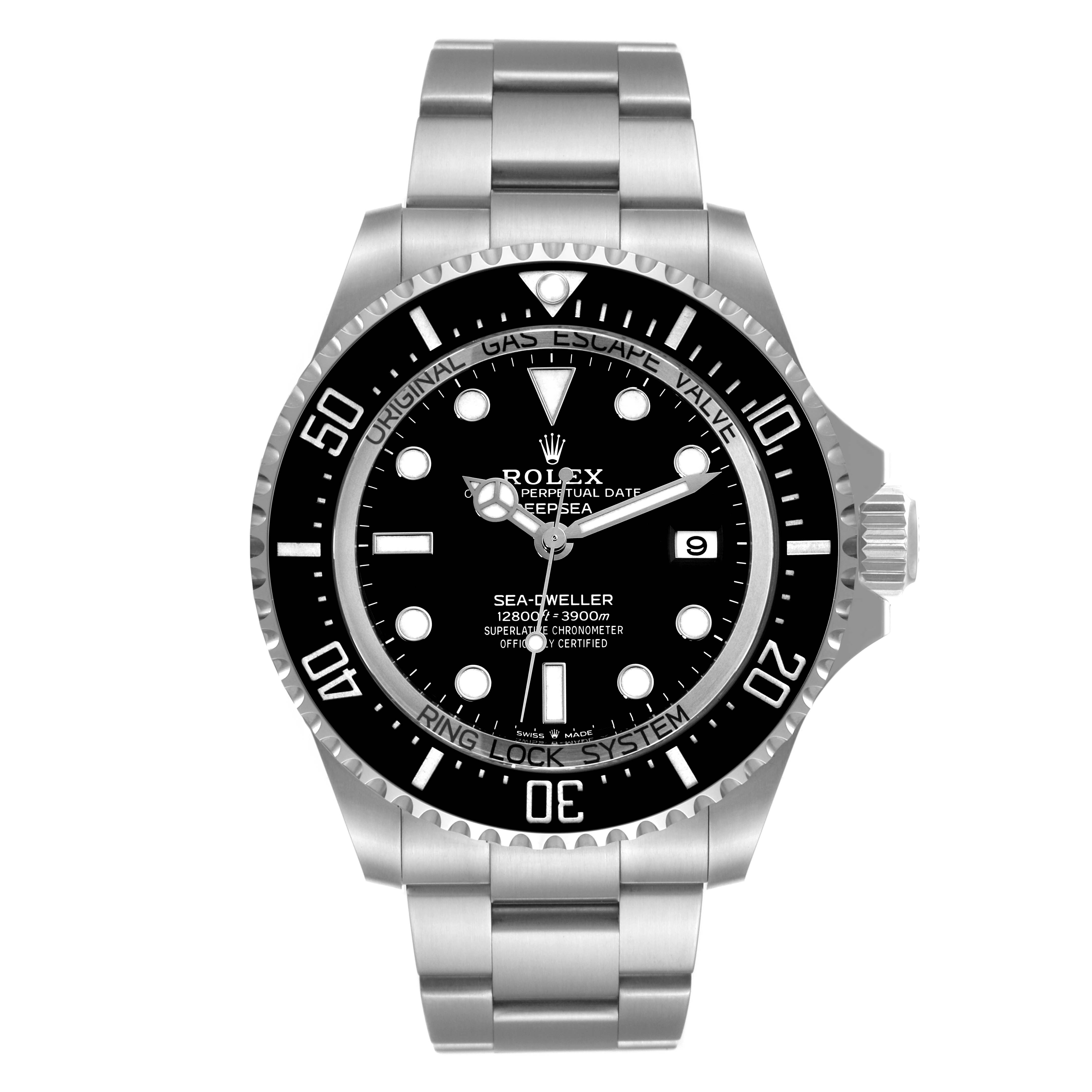 The image shows a front view of the Rolex Sea-Dweller 136660 Men's Stainless Steel Black Dial 136660 Men's Stainless Steel Black Dial watch, showcasing its dial, bezel, and bracelet.