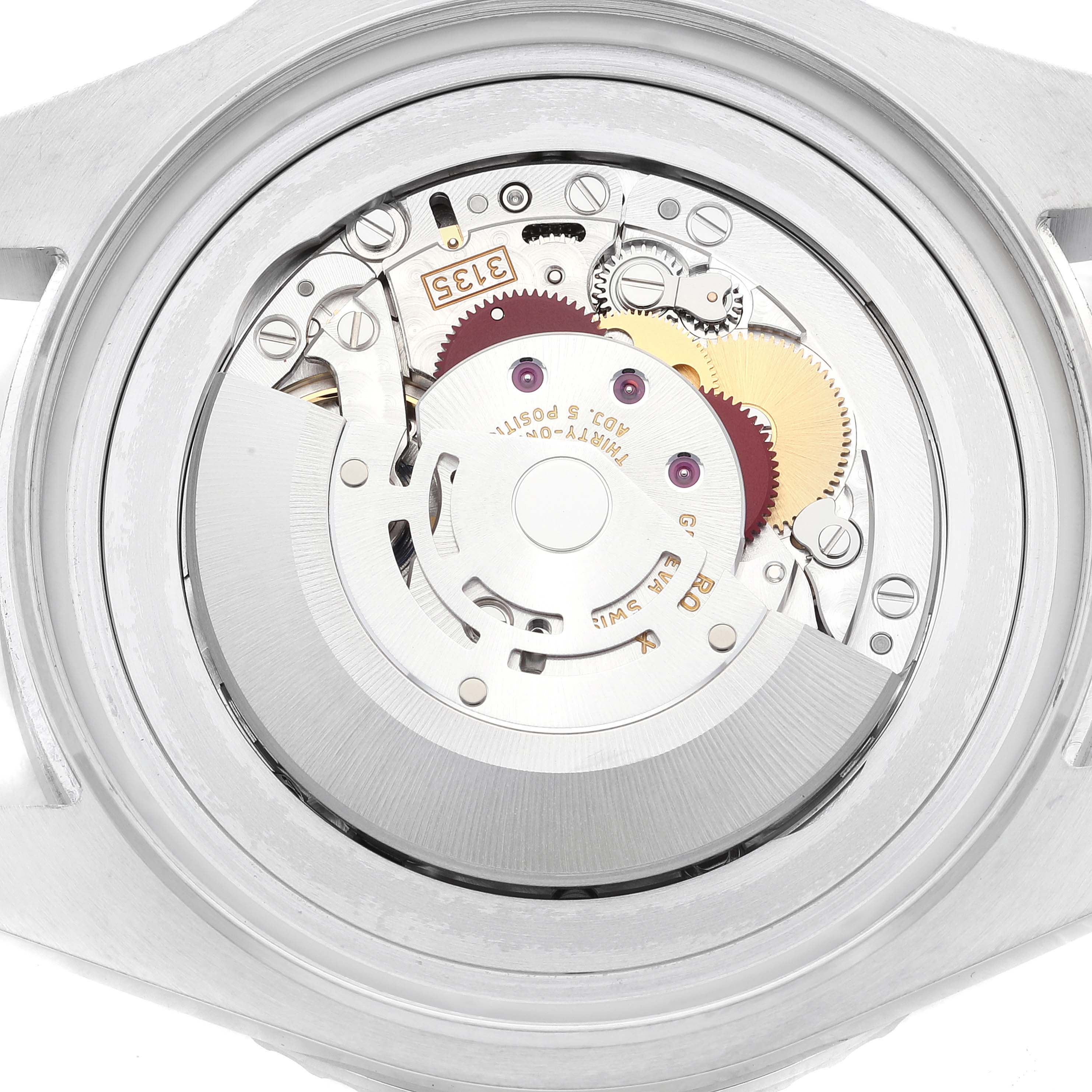 This is a close-up view of the internal mechanism of the Rolex Sea-Dweller 116660 Men
s Stainless Steel Blue Dial 116660 Men
s Stainless Steel Blue Dial watch, showing the movement components.