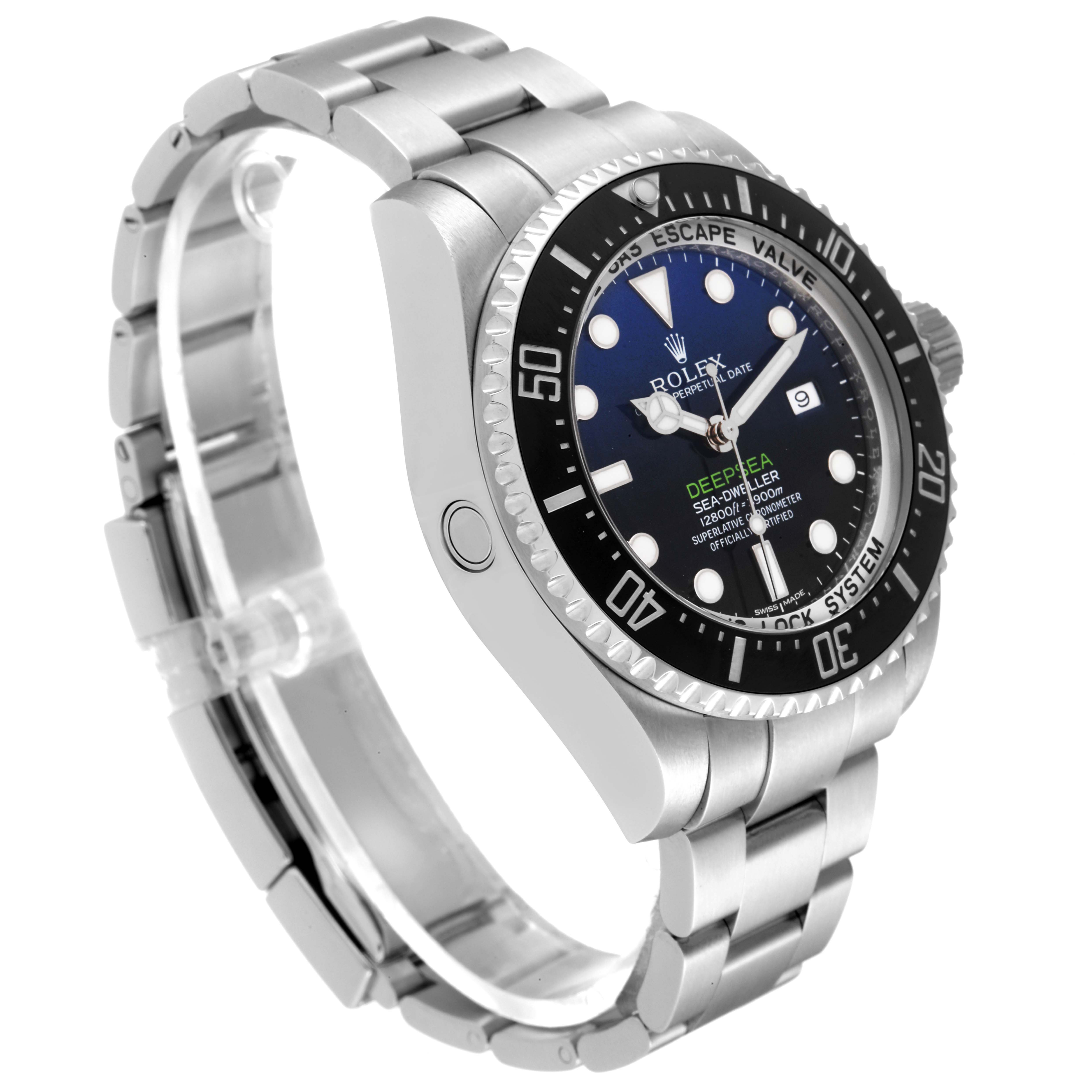 The image shows a side and angled view of the Rolex Sea-Dweller 116660 Men
s Stainless Steel Blue Dial 116660 Men
s Stainless Steel Blue Dial watch, highlighting the bezel, crown, dial, and bracelet.