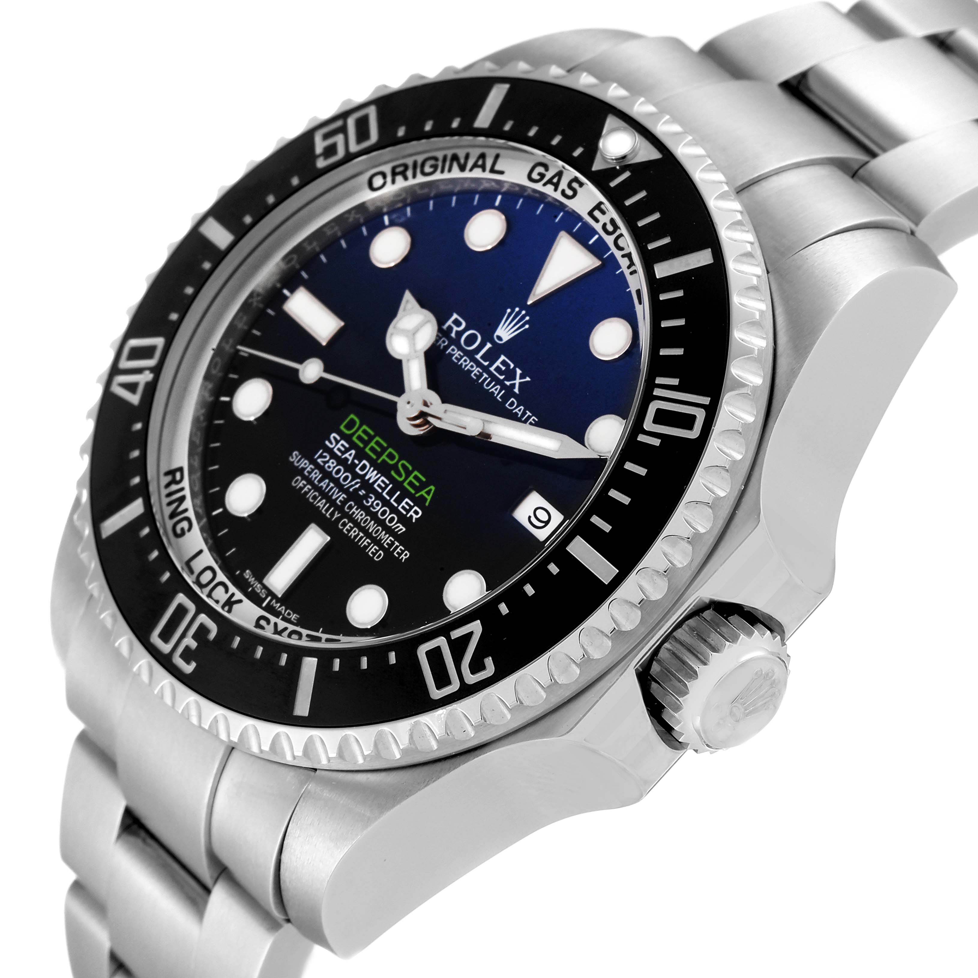 This image shows an angled view of the Rolex Sea-Dweller 116660 Men
s Stainless Steel Blue Dial 116660 Men
s Stainless Steel Blue Dial watch, highlighting its dial, bezel, and part of the bracelet.