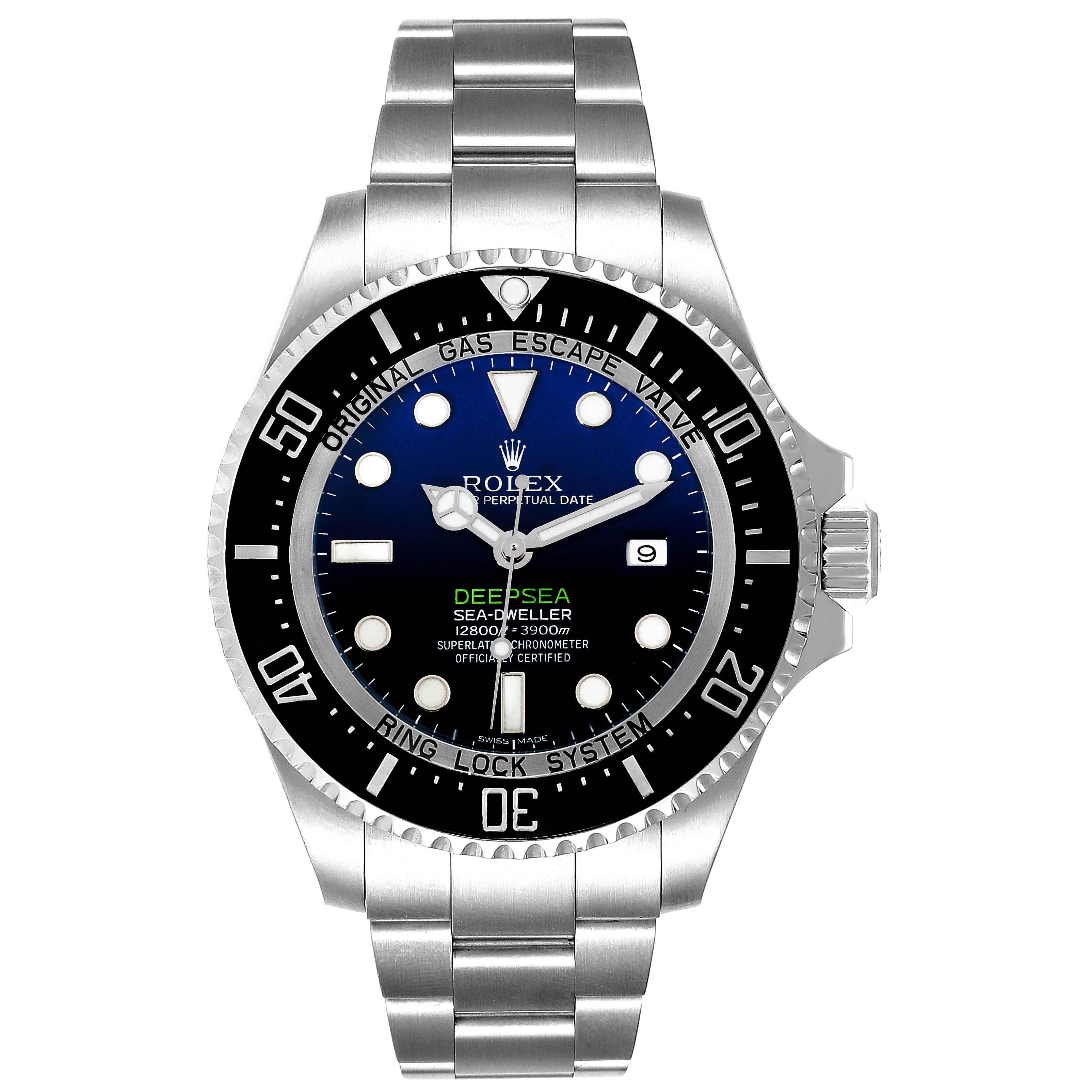 The image shows the front view of the Rolex Sea-Dweller 116660 Men
s Stainless Steel Blue Dial 116660 Men
s Stainless Steel Blue Dial watch, showcasing the dial, bezel, and bracelet.