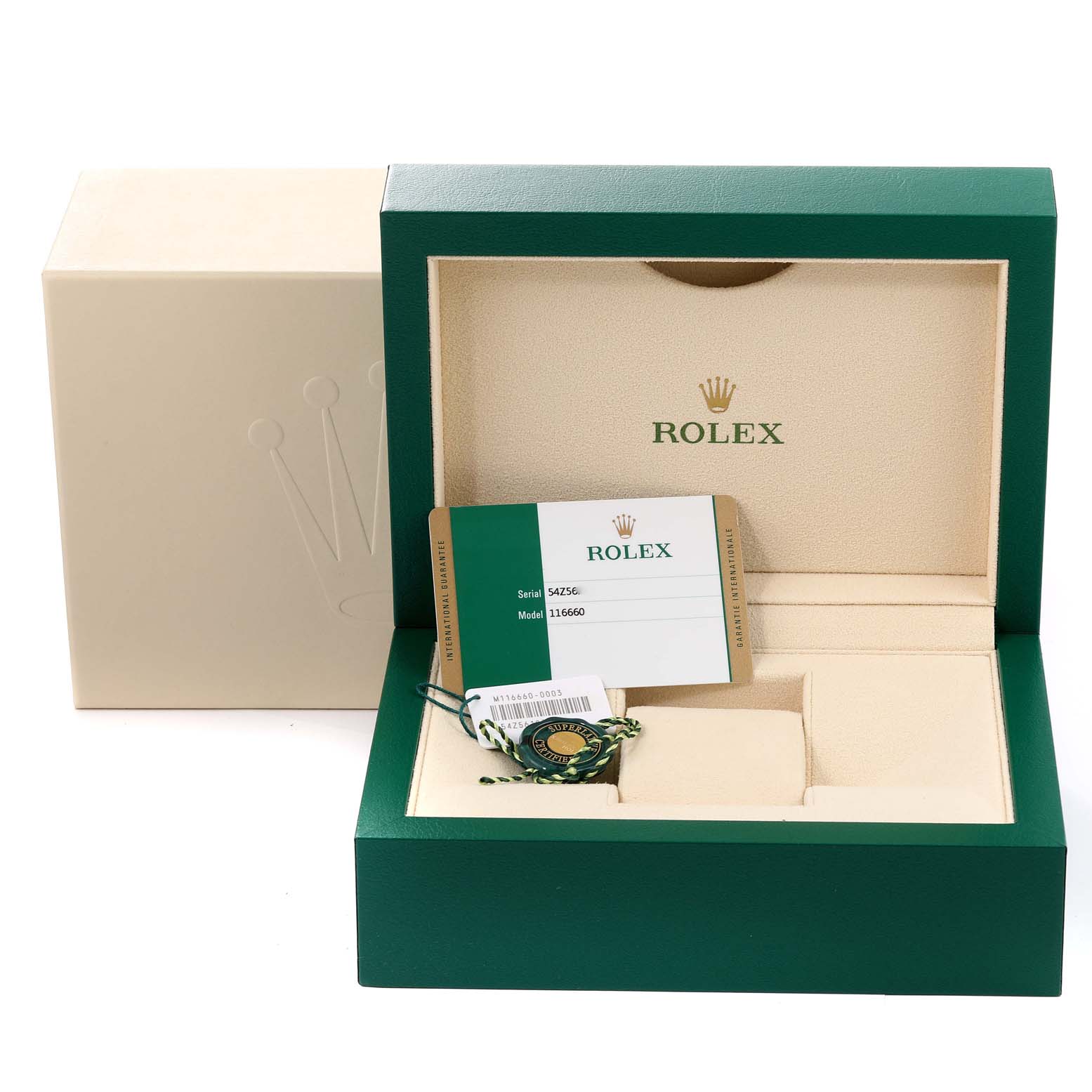 The image shows the open box of a Rolex Sea-Dweller 116660 Men
s Stainless Steel Blue Dial 116660 Men
s Stainless Steel Blue Dial watch, including the warranty card and a hangtag.
