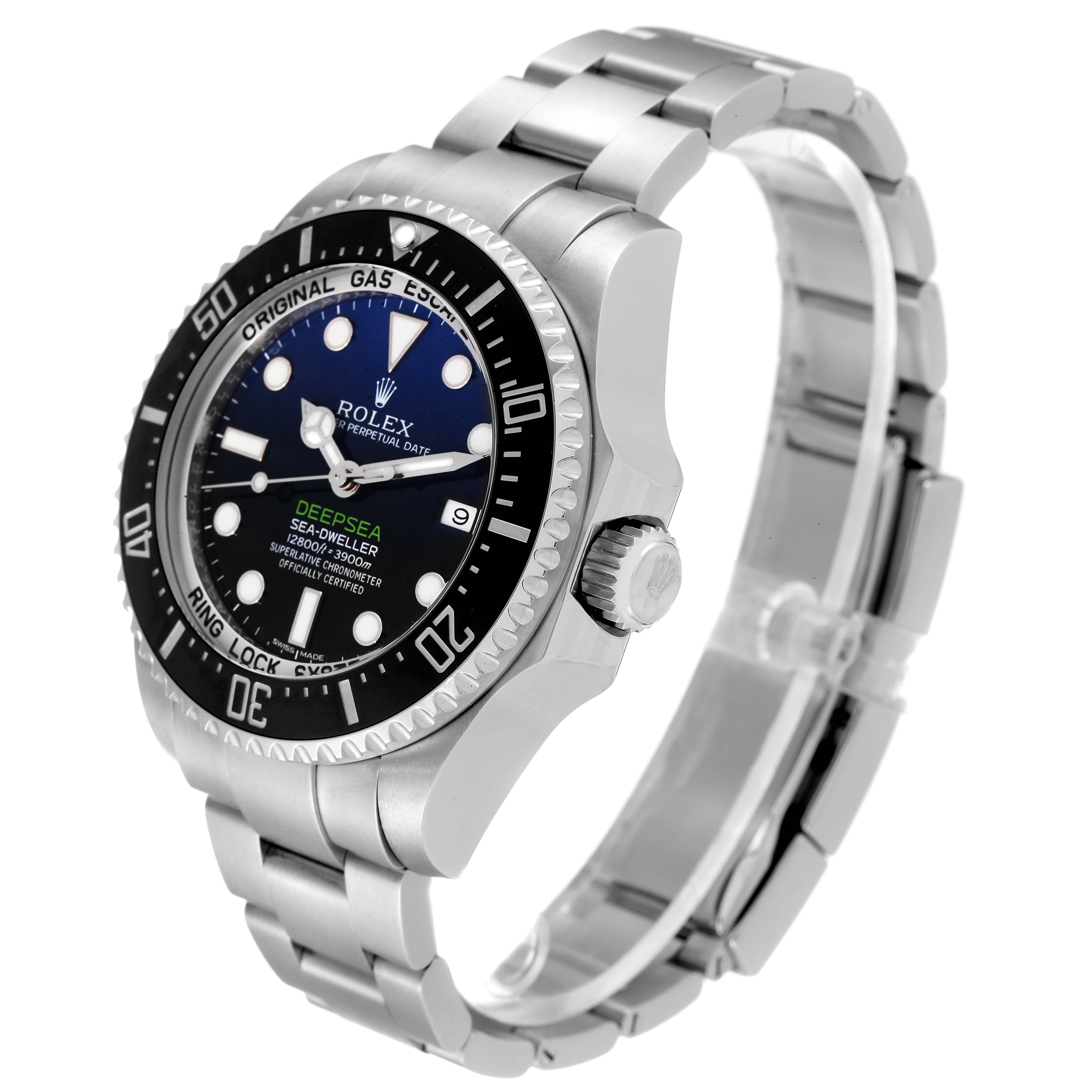 The Rolex Sea-Dweller 116660 Men
s Stainless Steel Blue Dial 116660 Men
s Stainless Steel Blue Dial watch is shown at an angle displaying the dial, bezel, case, and bracelet.