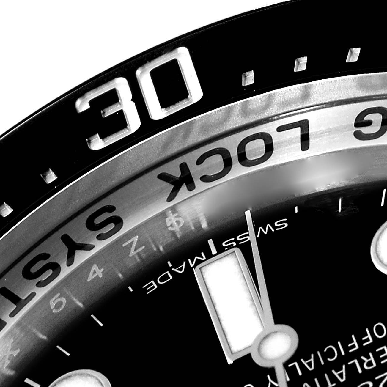 This close-up angle shows the bezel, part of the dial, and the hands of the Rolex Sea-Dweller 116660 Men
s Stainless Steel Blue Dial 116660 Men
s Stainless Steel Blue Dial watch.