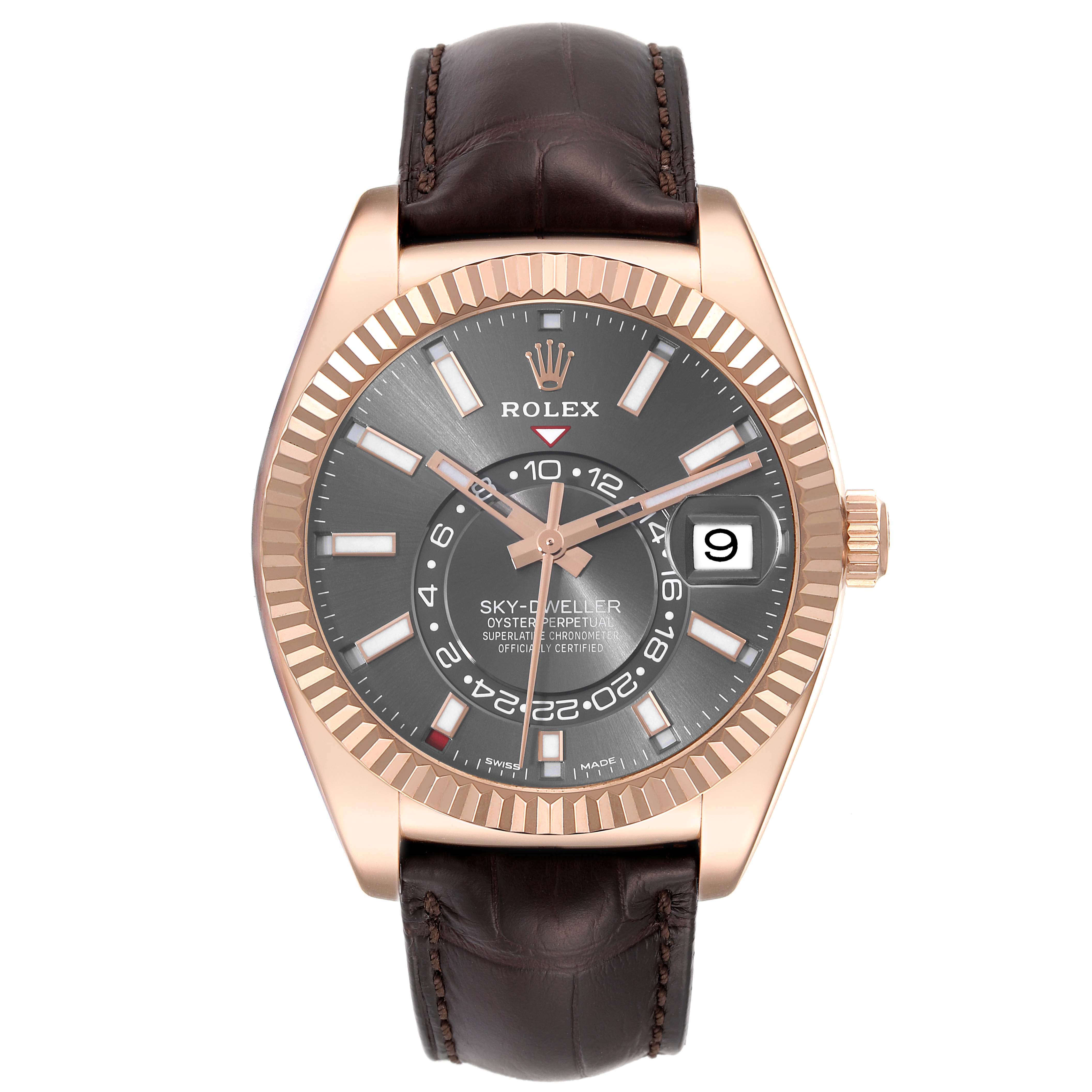 This Rolex Sky-Dweller 326135 Men's Rose Gold Grey Dial 326135 Men's Rose Gold Grey Dial watch is shown from the front, highlighting its face, bezel, crown, and leather strap.