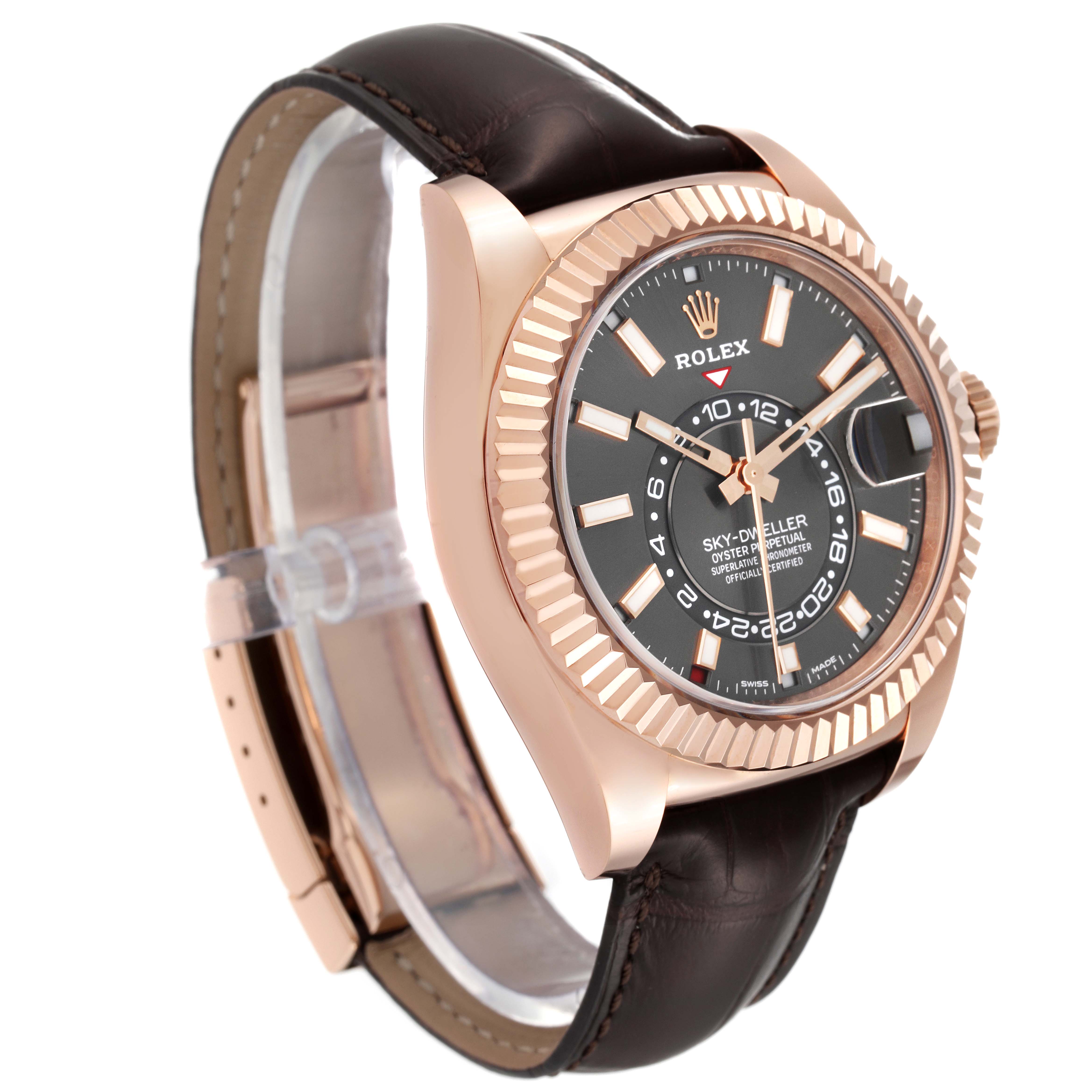 The image shows a Rolex Sky-Dweller 326135 Men's Rose Gold Grey Dial 326135 Men's Rose Gold Grey Dial watch with a side angle view, highlighting the face, bezel, crown, and leather strap.
