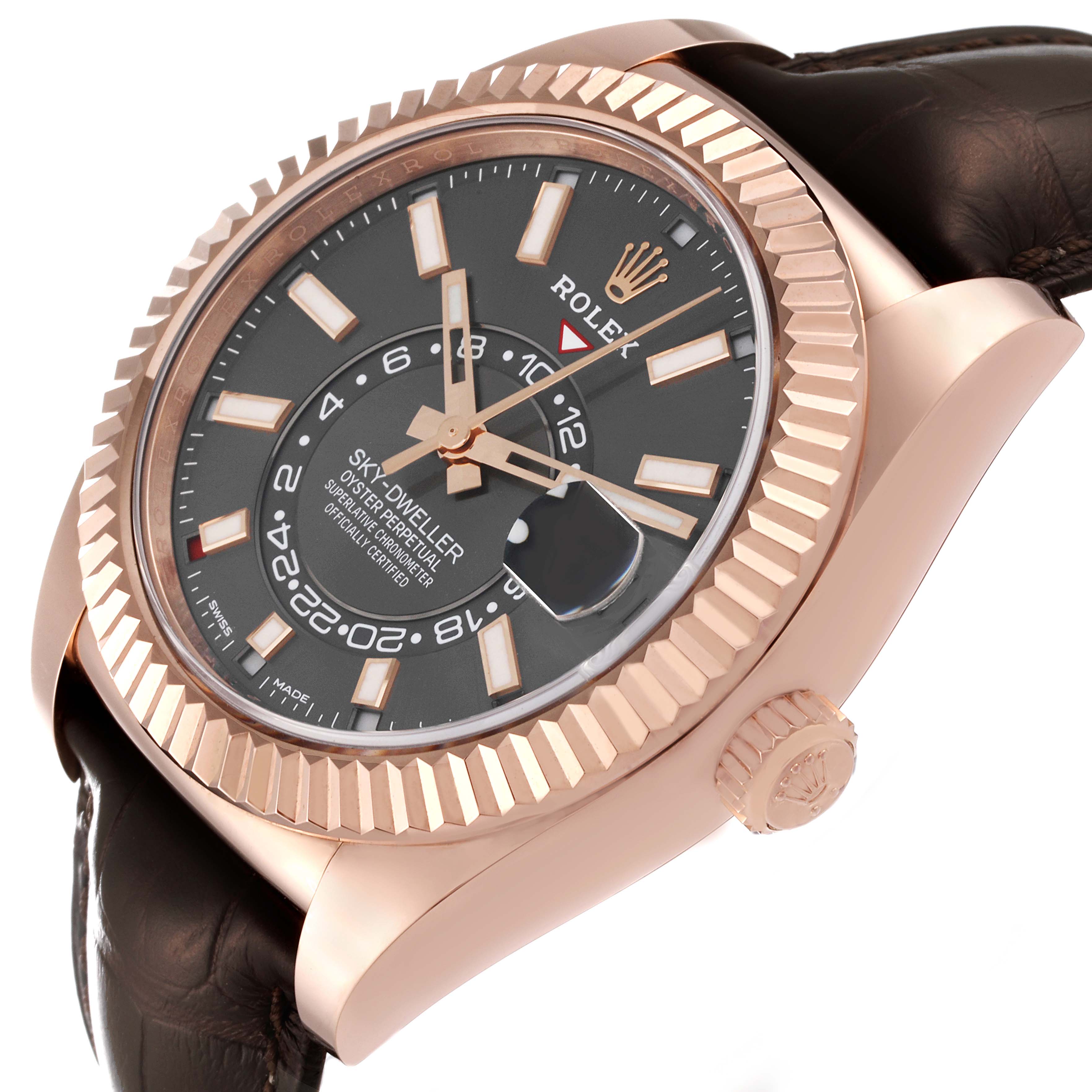 The image shows the Rolex Sky-Dweller 326135 Men's Rose Gold Grey Dial 326135 Men's Rose Gold Grey Dial watch at an angled side view, highlighting the dial, bezel, case, crown, and part of the strap.