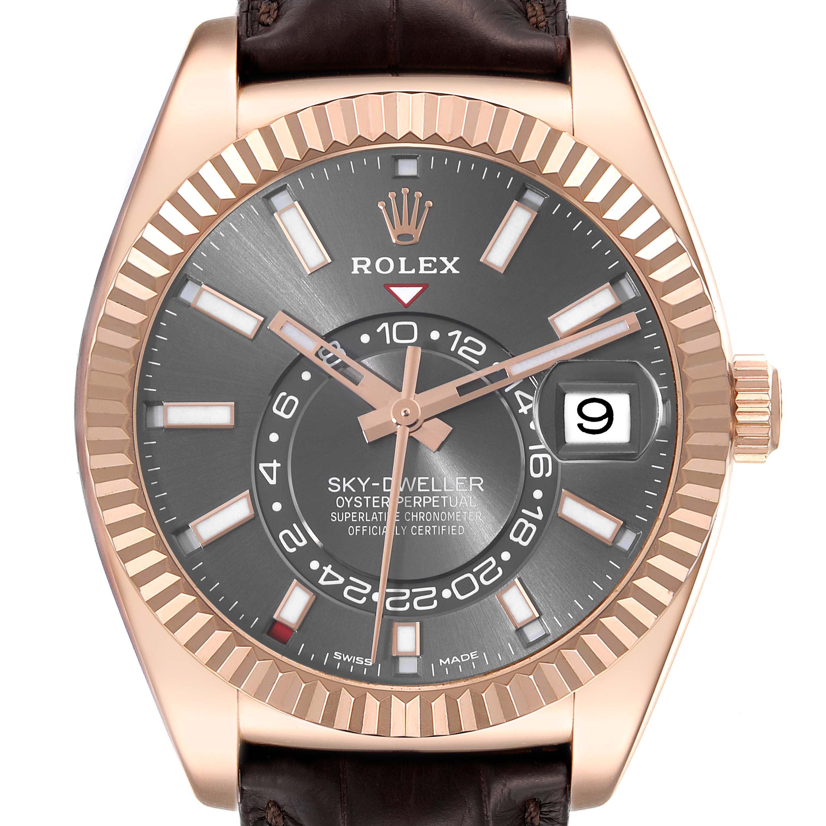The image shows a front view of the Rolex Sky-Dweller 326135 Men's Rose Gold Grey Dial 326135 Men's Rose Gold Grey Dial watch, highlighting the face, bezel, crown, and part of the leather strap.