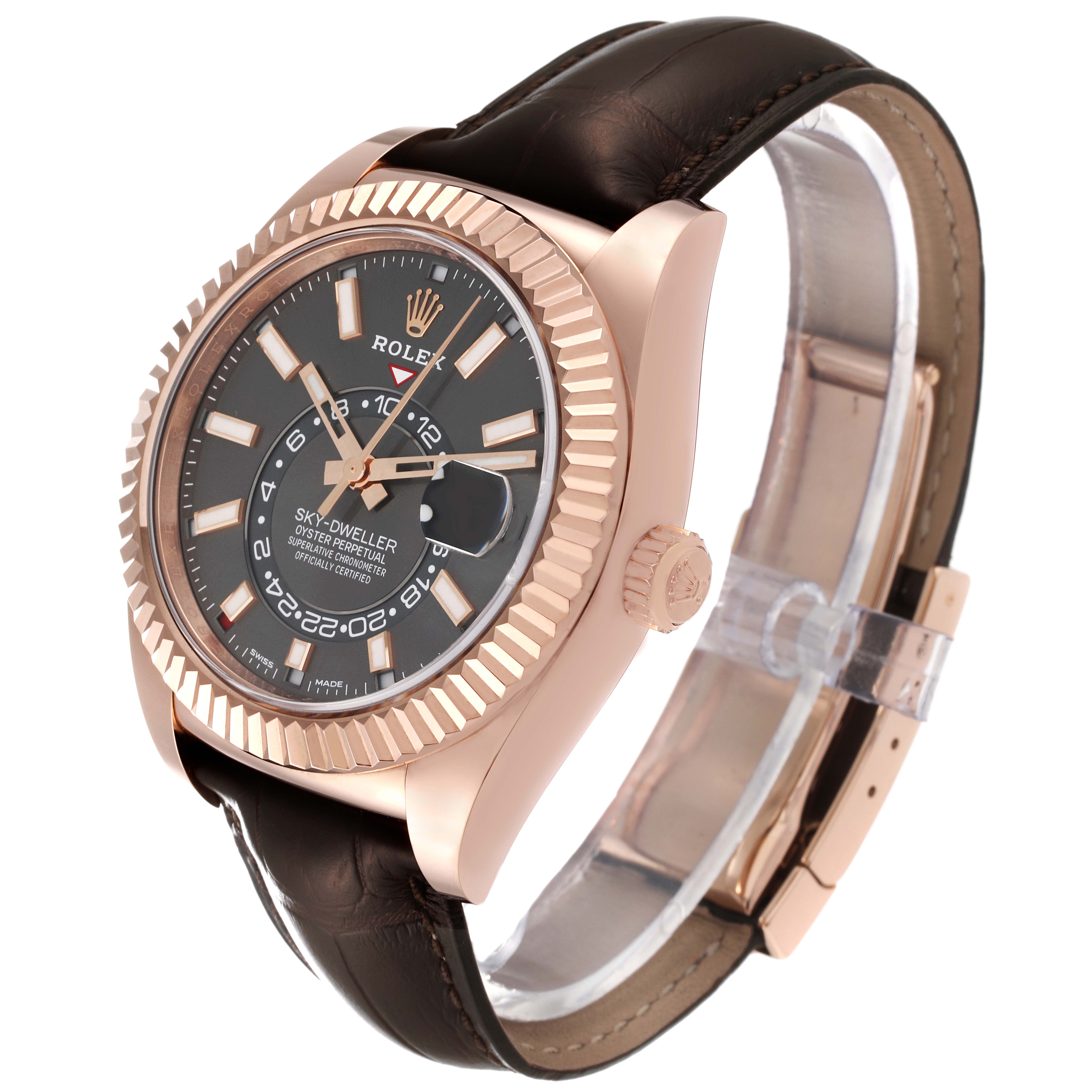 This image shows a side angle of the Rolex Sky-Dweller 326135 Men's Rose Gold Grey Dial 326135 Men's Rose Gold Grey Dial watch, highlighting its face, bezel, and leather strap.